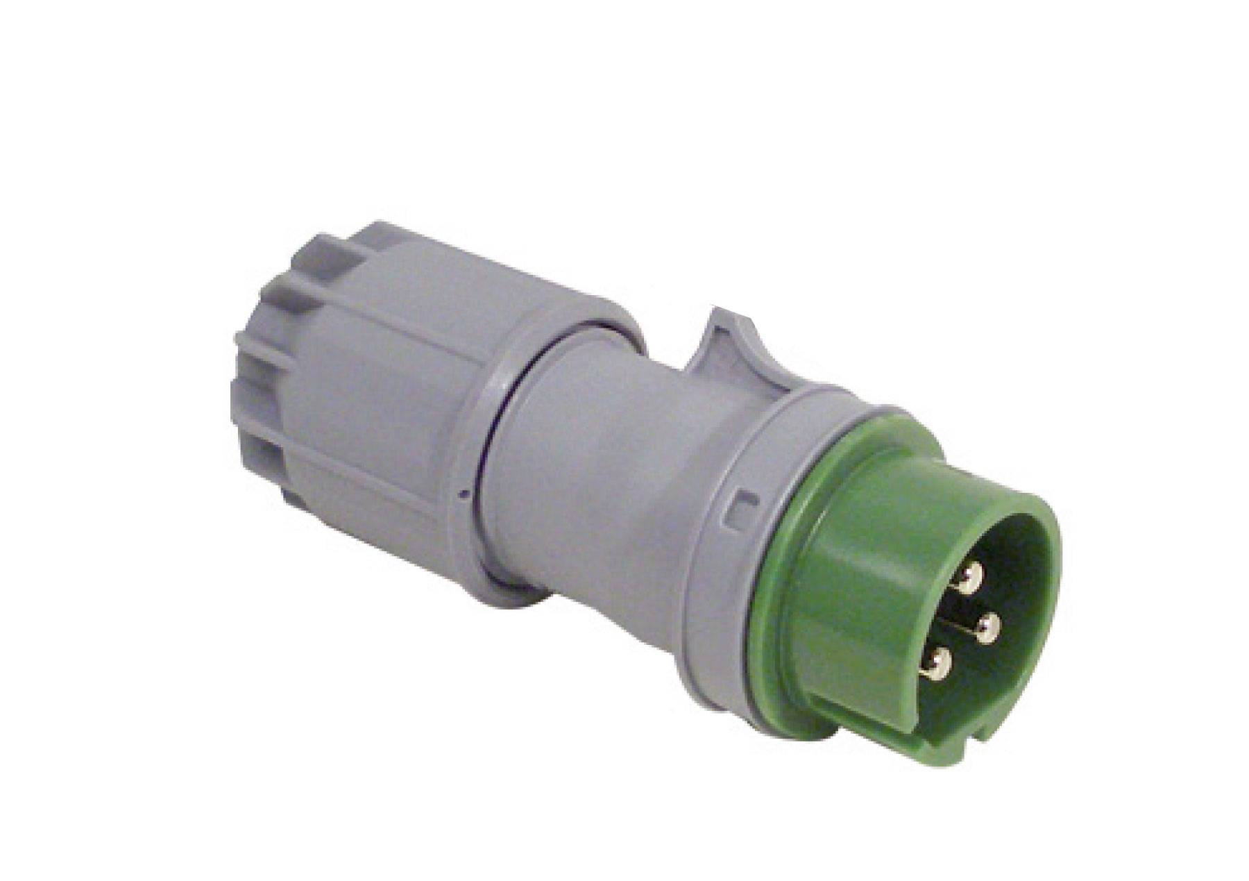 Connettore per spina elettrica industriale grigio e verde con tre perni metallici, mostrato su sfondo bianco.