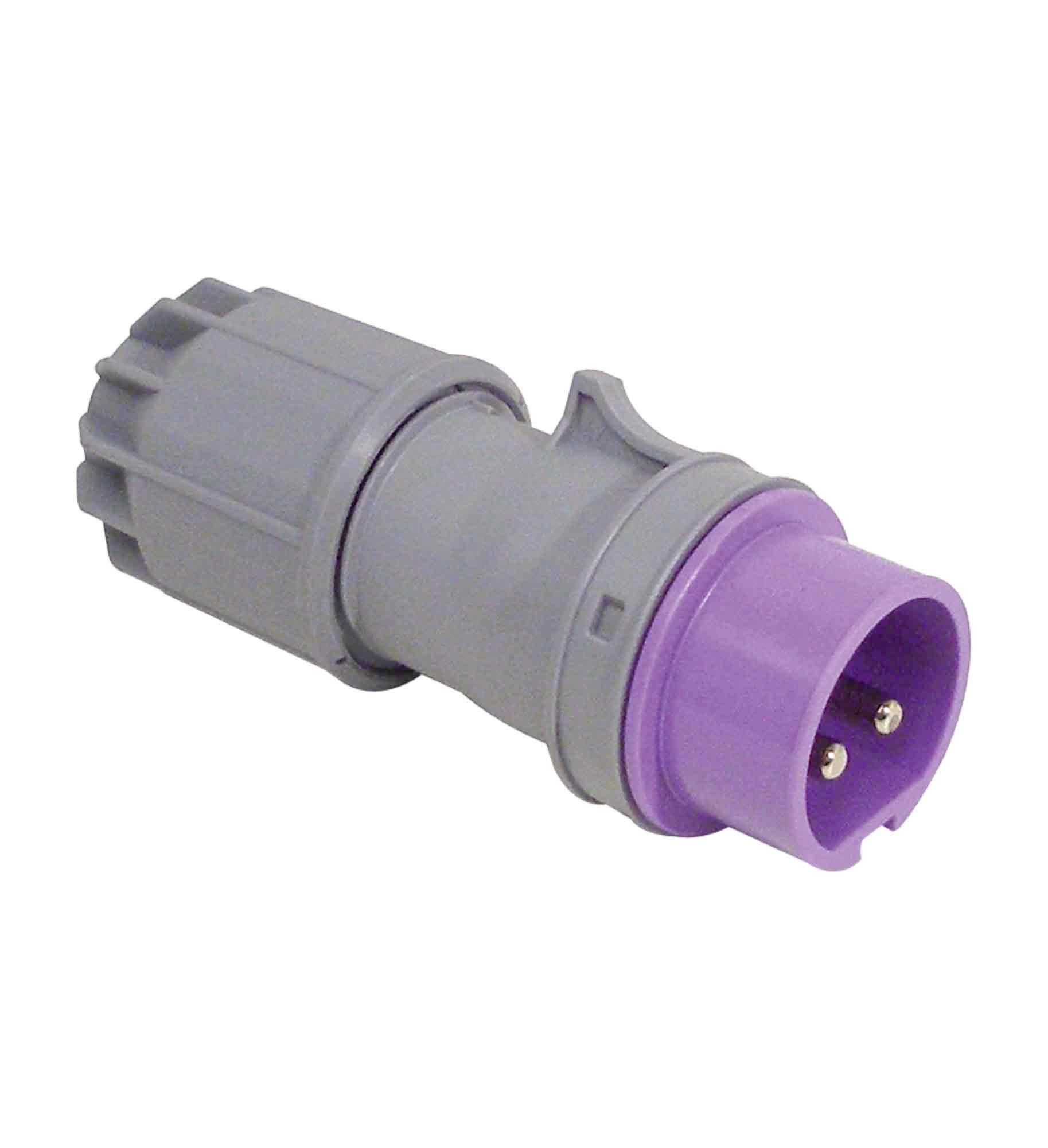 Spina di connessione elettrica grigia e viola con due poli metallici su uno sfondo bianco.