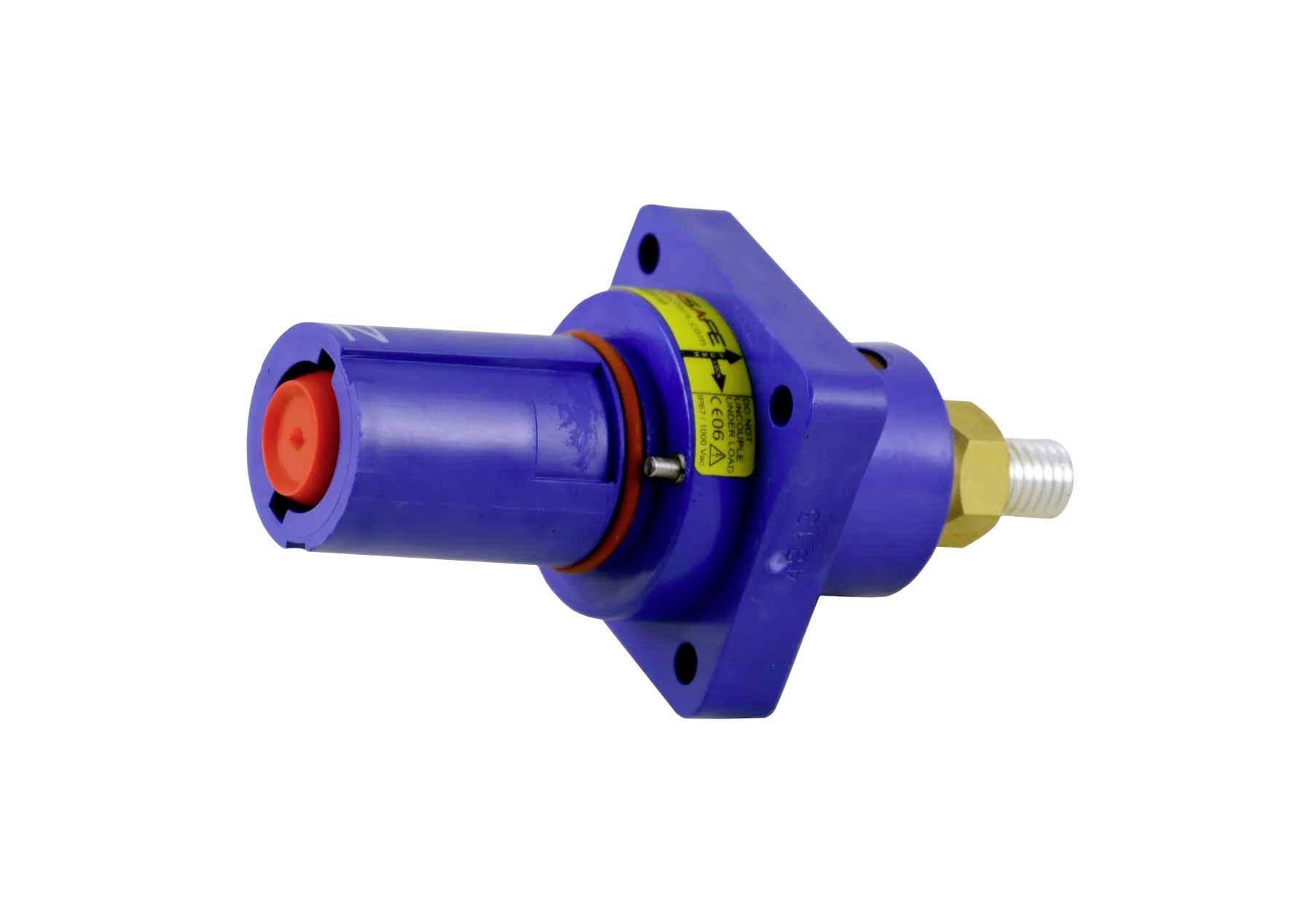 Sensore industriale viola o connettore con flangia di montaggio, raccordo filettato in ottone e tappo protettivo rosso su sfondo bianco.