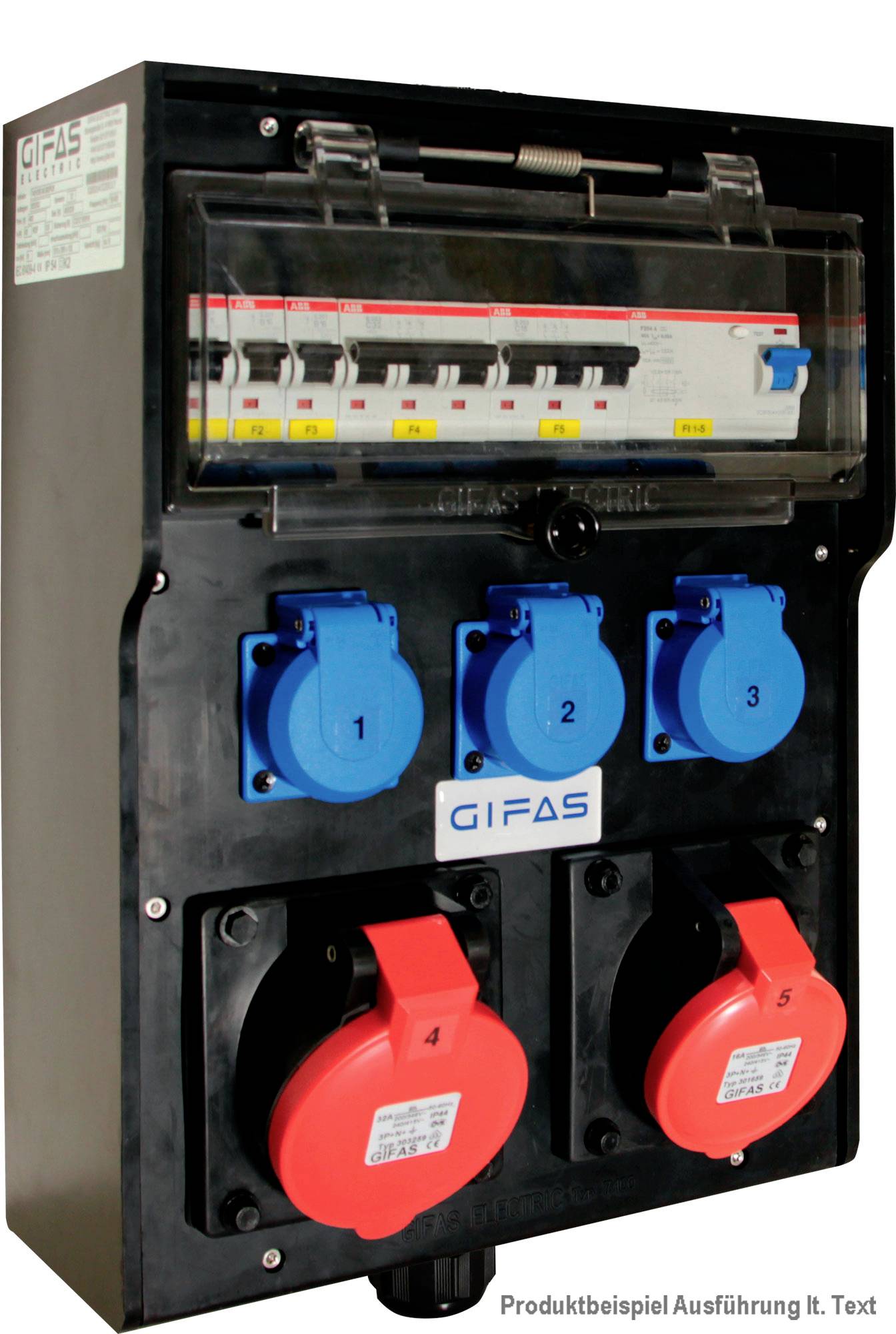 Pannello di distribuzione dell'energia elettrica industriale con interruttori automatici protetti e cinque prese colorate blu e rosse su un involucro nero.