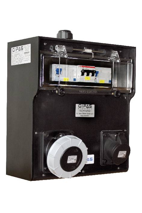 Scatola nera del contatore elettrico con coperchio trasparente, interruttore automatico visibile e due porte di connessione rotonde sulla parte anteriore.