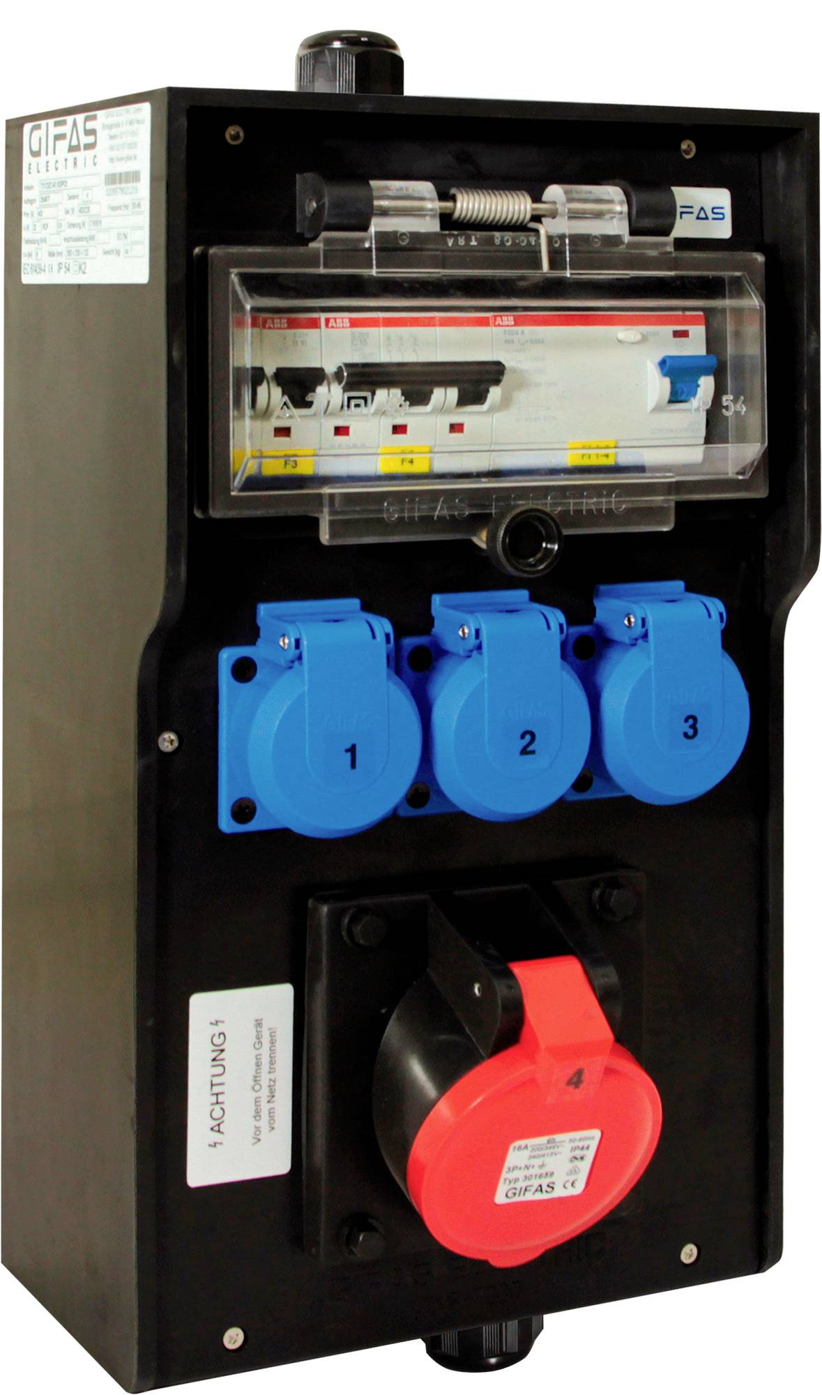 Pannello di distribuzione elettrica con tre prese blu e un interruttore di alimentazione rotativo rosso su un involucro nero, che mostra i componenti di protezione del circuito dietro un coperchio trasparente.