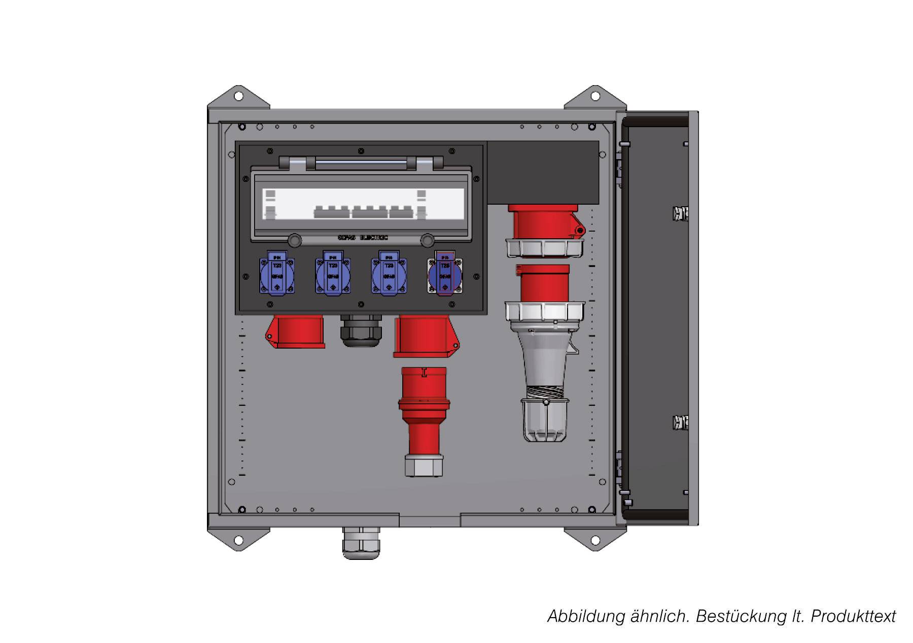 Quadro di comando elettrico da parete con pannello, connettori blu e prese industriali rosso/grigio.