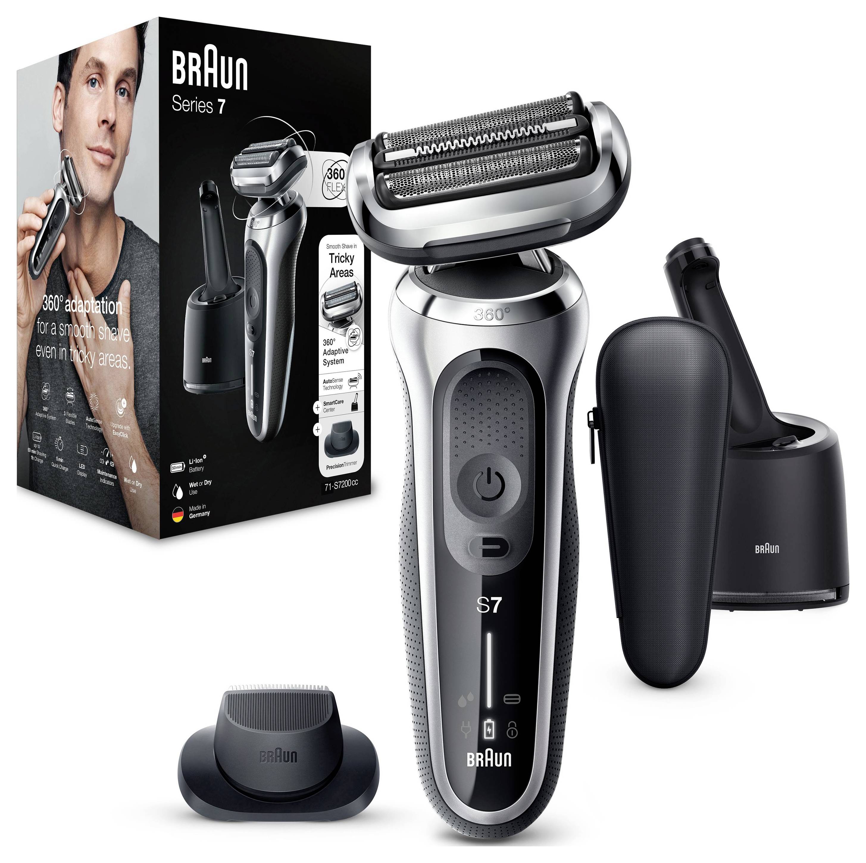 Rasoio elettrico Braun Serie 7 con stazione di ricarica, custodia da viaggio e confezione al dettaglio visualizzati su sfondo bianco.