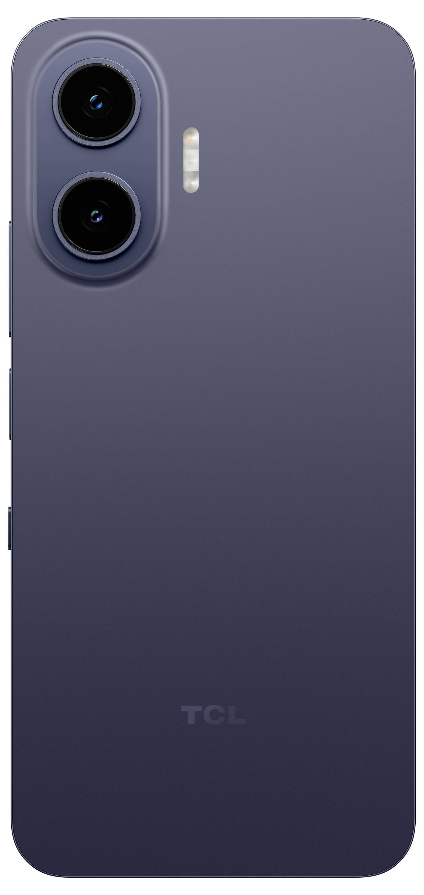 Vista posteriore di uno smartphone TCL blu scuro con doppia fotocamera posteriore e flash vicino all'angolo superiore sinistro.
