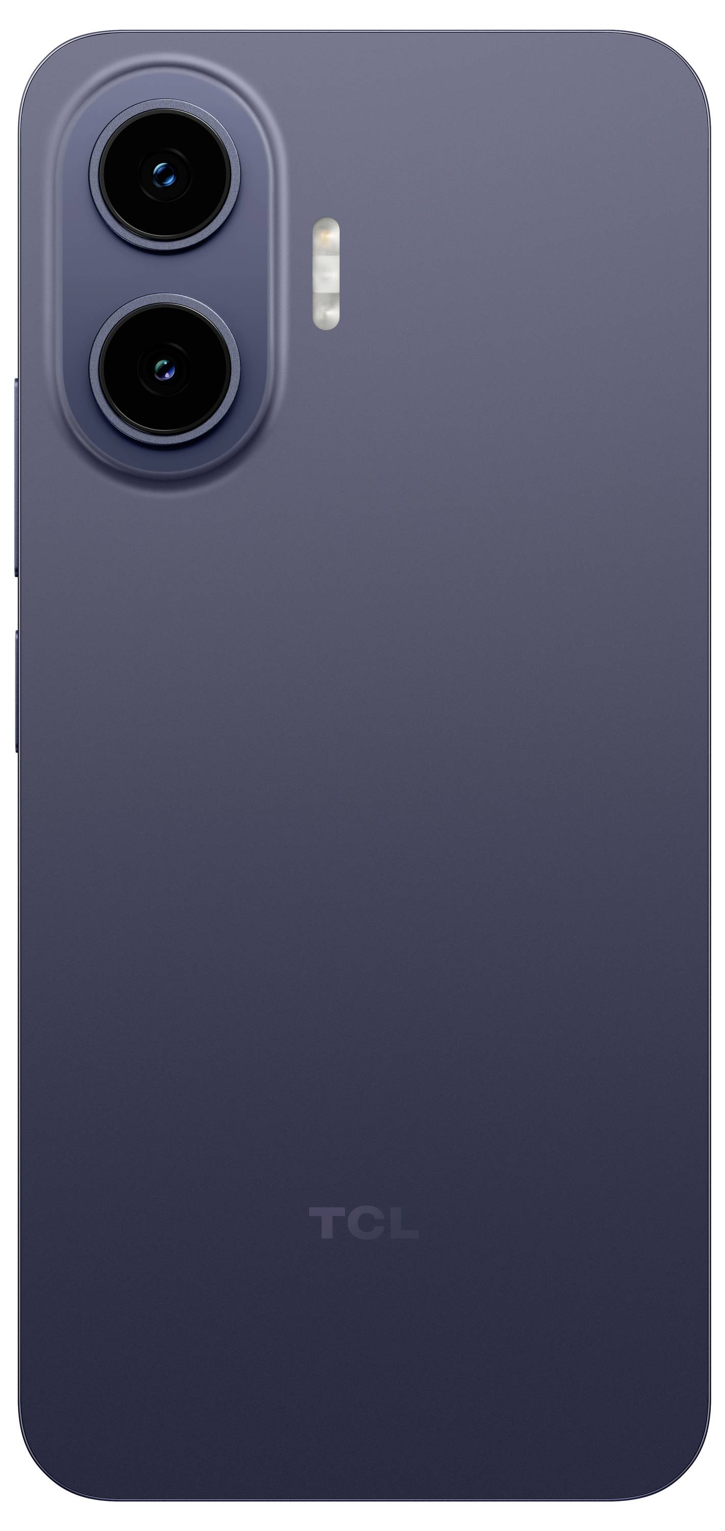 Vista posteriore di uno smartphone TCL blu scuro che mostra due fotocamere posteriori e flash LED.