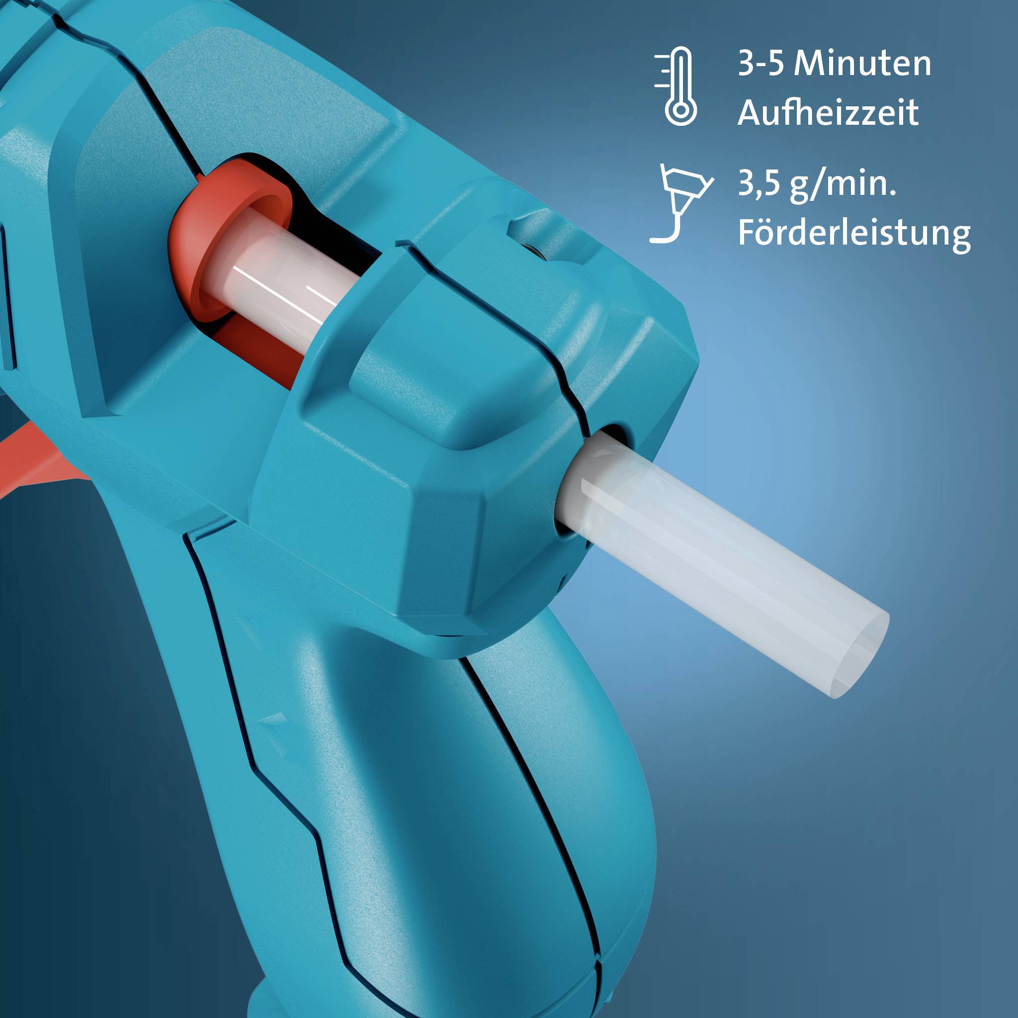 Pistola per colla a caldo blu che dispensa bastoncino di colla fuso, con testo in italiano: "Tempo di riscaldamento 3-5 minuti" e "Capacità di erogazione 3,5 g/min".