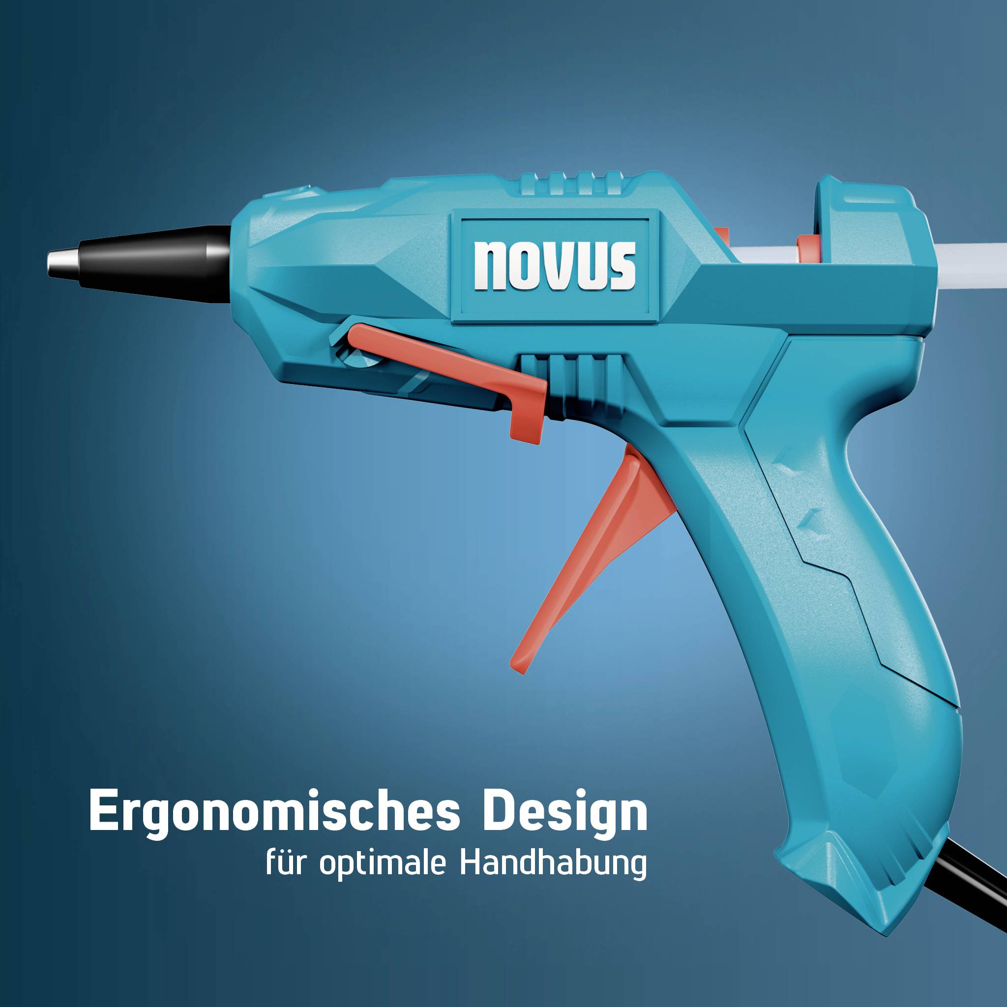 Pistola per colla blu e arancione etichettata "novus" con testo tedesco "Ergonomisches Design für optimale Handhabung" su uno sfondo blu.
