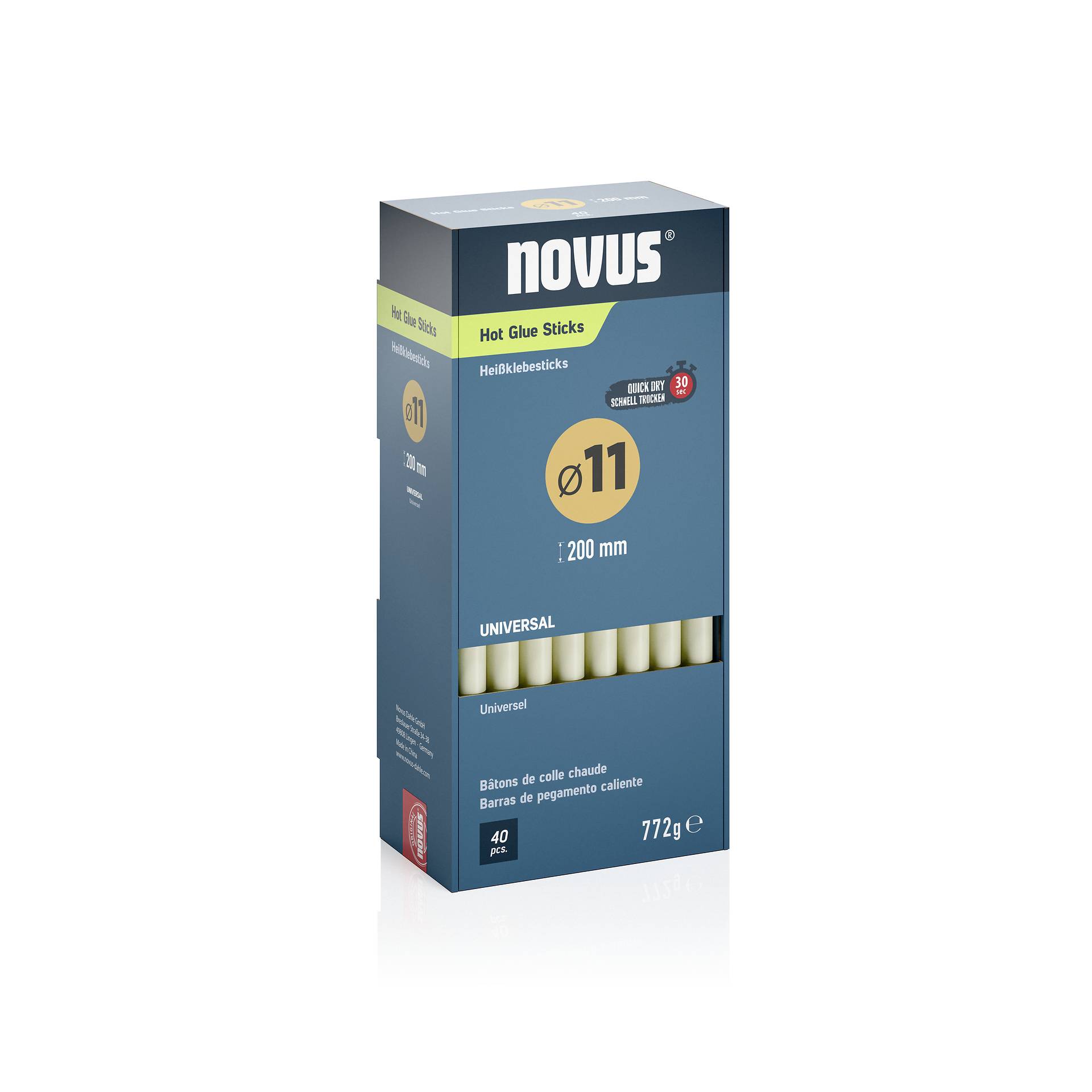 Confezione di stick di colla a caldo Novus, Universale, 11 mm x 200 mm, scatola da 40 stick, 772 g.