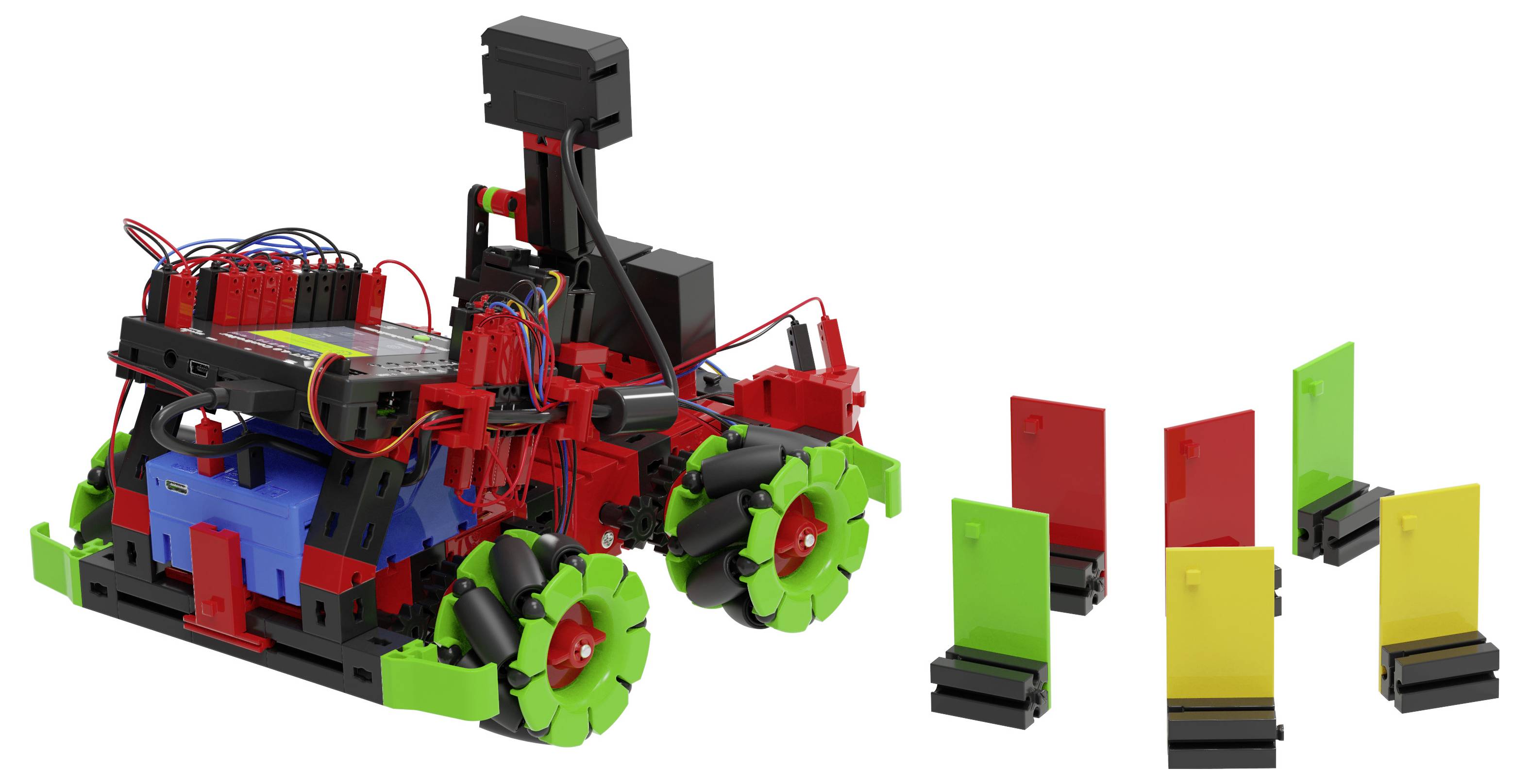 Veicolo robotico rosso e verde con cablaggio esposto e ruote, mostrato accanto a quattro moduli verticali codificati per colore in rosso, verde, giallo e nero.