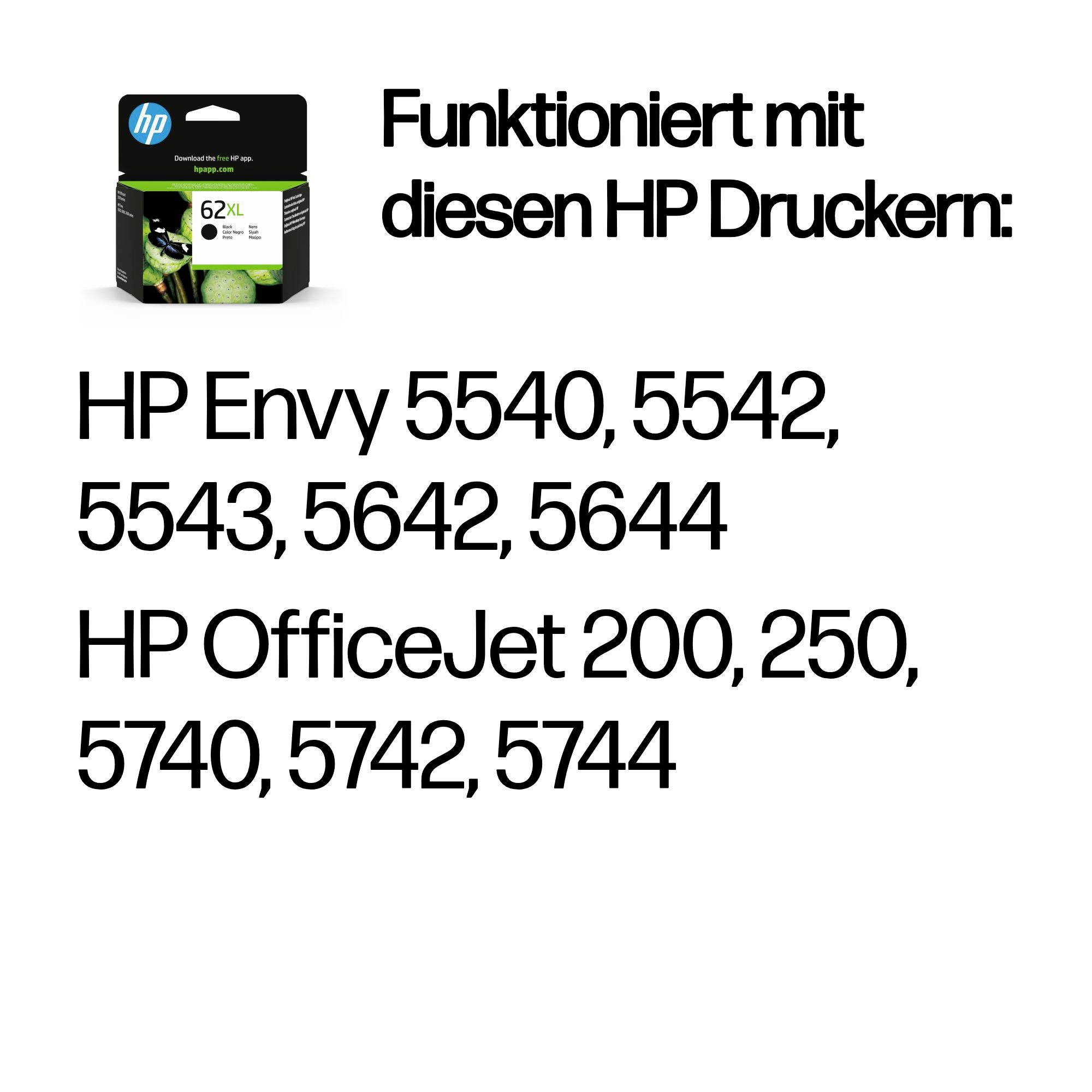 Confezione di cartucce d'inchiostro HP 62XL; il testo indica che è compatibile con HP Envy 5540, 5542, 5543, 5642, 5644 e HP OfficeJet 200, 250, 5740, 5742, 5744.