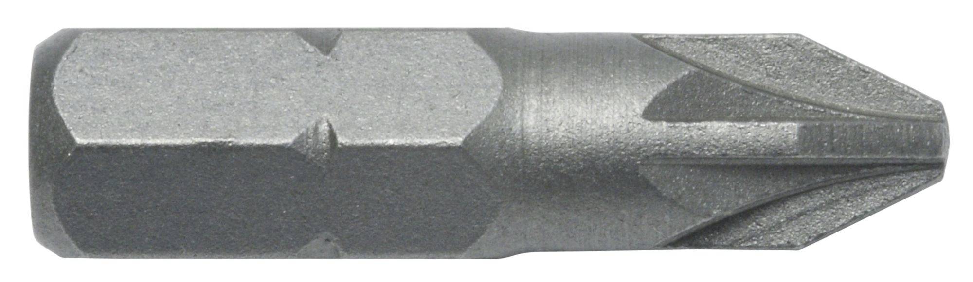 Primo piano di una punta di cacciavite Phillips in metallo, che mostra l'attacco esagonale e la punta incrociata appuntita su uno sfondo grigio.