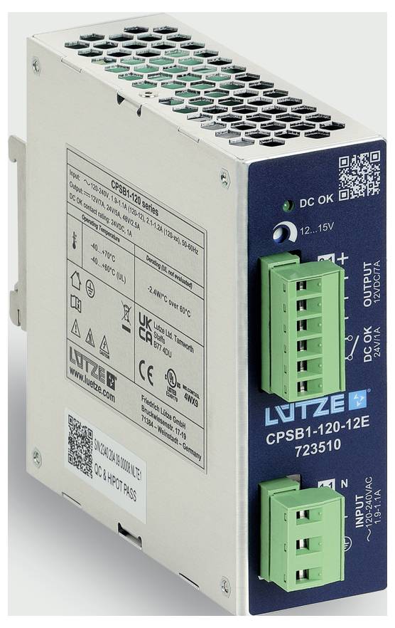 Unità di alimentazione DIN-rail industriale con morsetti terminali verdi, LED di stato e porte di ingresso/uscita etichettate su pannello frontale blu.