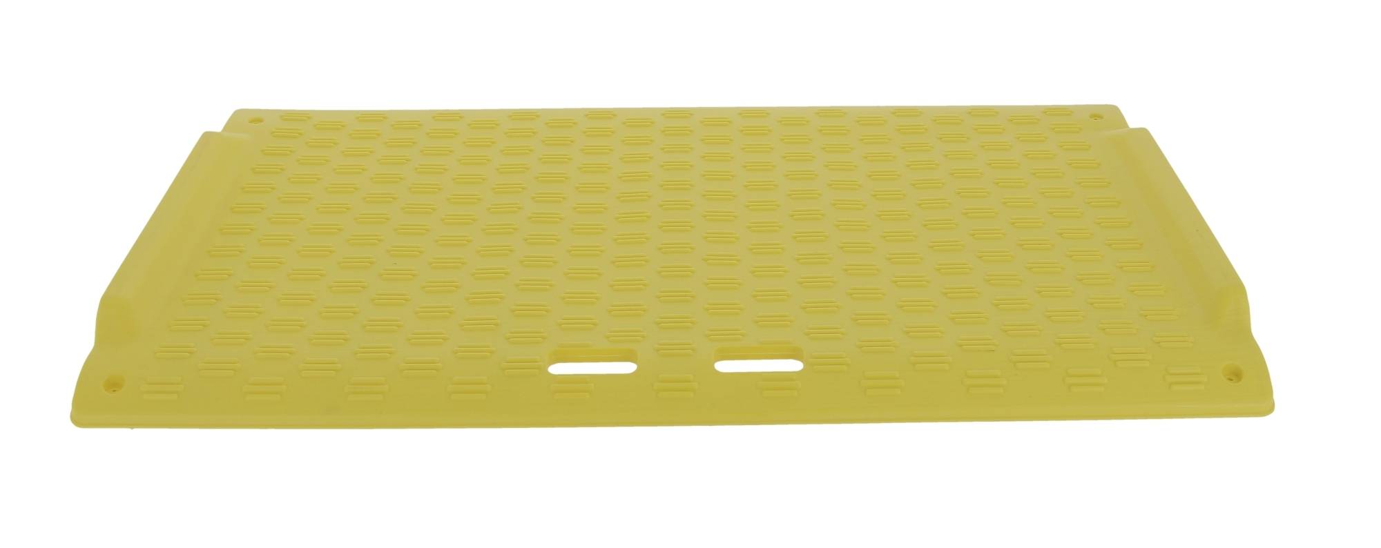 Tappetino o vassoio antiscivolo perforato giallo con bordi rialzati e due slot per le maniglie, mostrato su sfondo bianco.