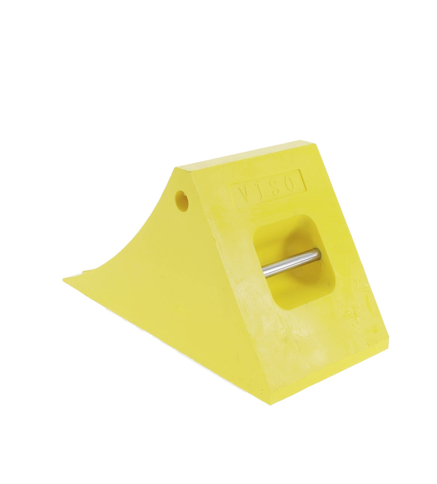 Calzo in plastica gialla con maniglia in metallo, mostrato isolato su sfondo bianco.