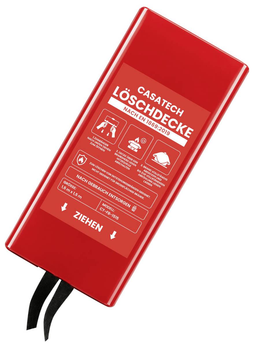 Stazione di lavaggio di emergenza CASATECH rossa con linguette tirabili, etichettata "LÖSCHDECKE" e "ZIEHEN".