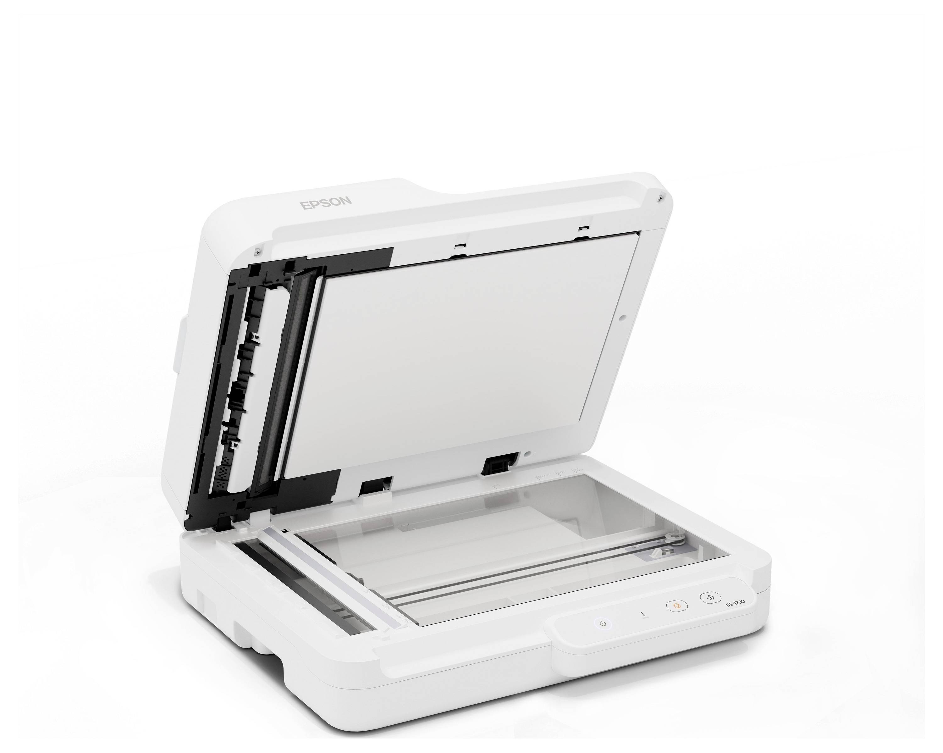 Scanner pianale aperto con coperchio sollevato, che mostra il piano di scansione e i pulsanti di controllo su uno scanner Epson bianco.