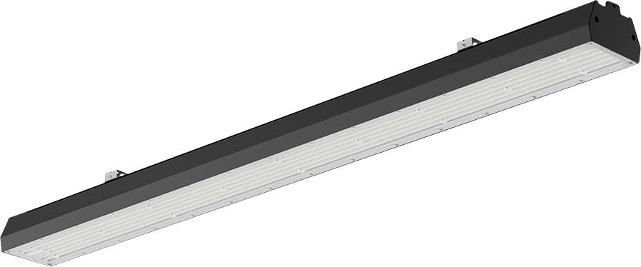 Apparecchio di illuminazione LED industriale rettangolare lungo con alloggiamento nero e diffusore bianco, mostrato su sfondo bianco.