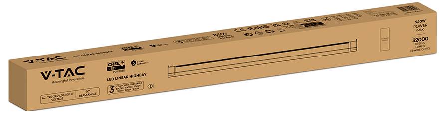 Luce lineare highbay LED V-TAC in una scatola rettangolare arancione, mostrata nell'imballaggio del prodotto con i dettagli del modello e della potenza stampati sul lato.