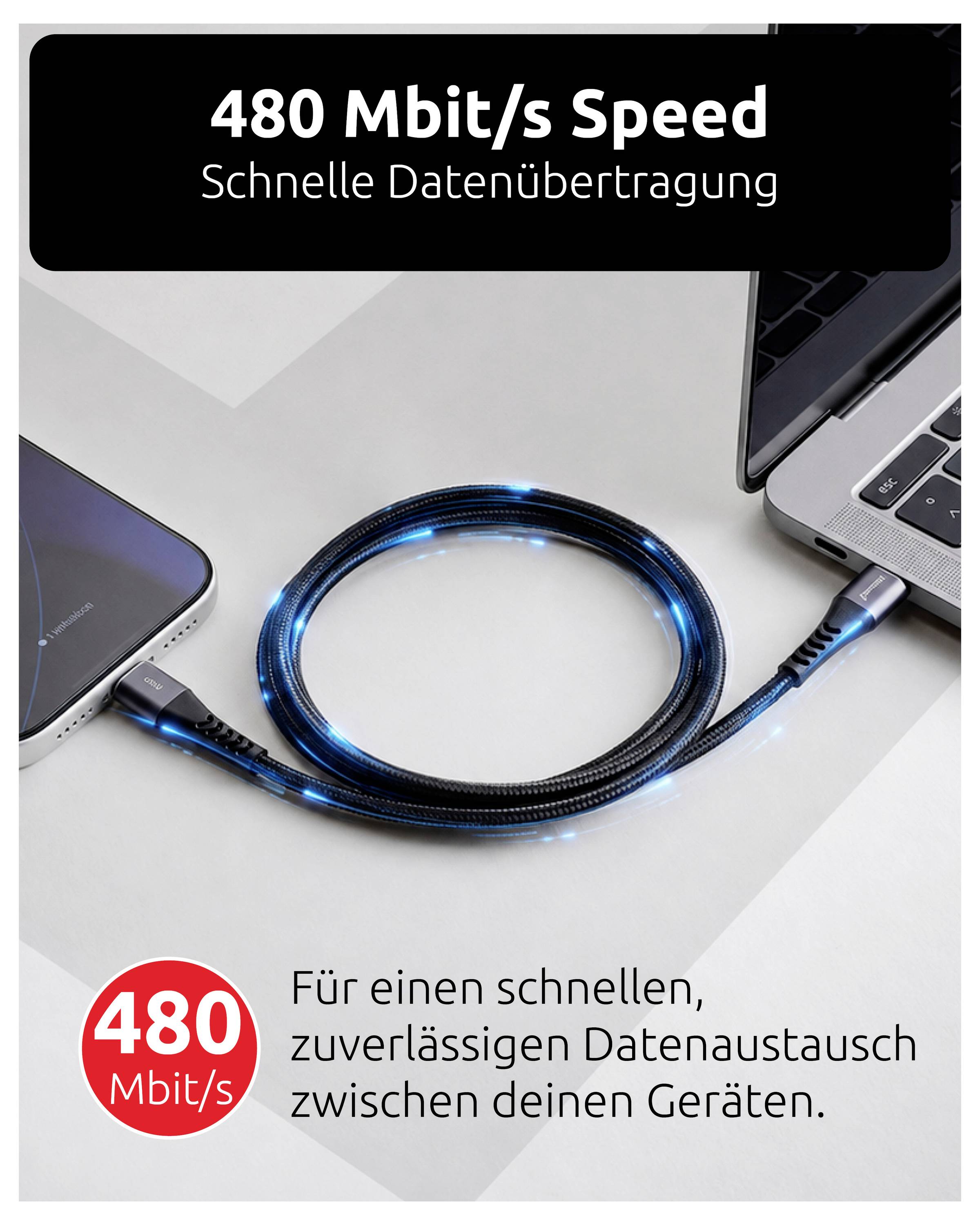 Grafica promozionale che mostra un cavo USB blu fluorescente tra un laptop e un telefono, etichettato "Velocità 480 Mbit/s" e "Trasferimento dati veloce" per il trasferimento rapido di dati tra dispositivi.