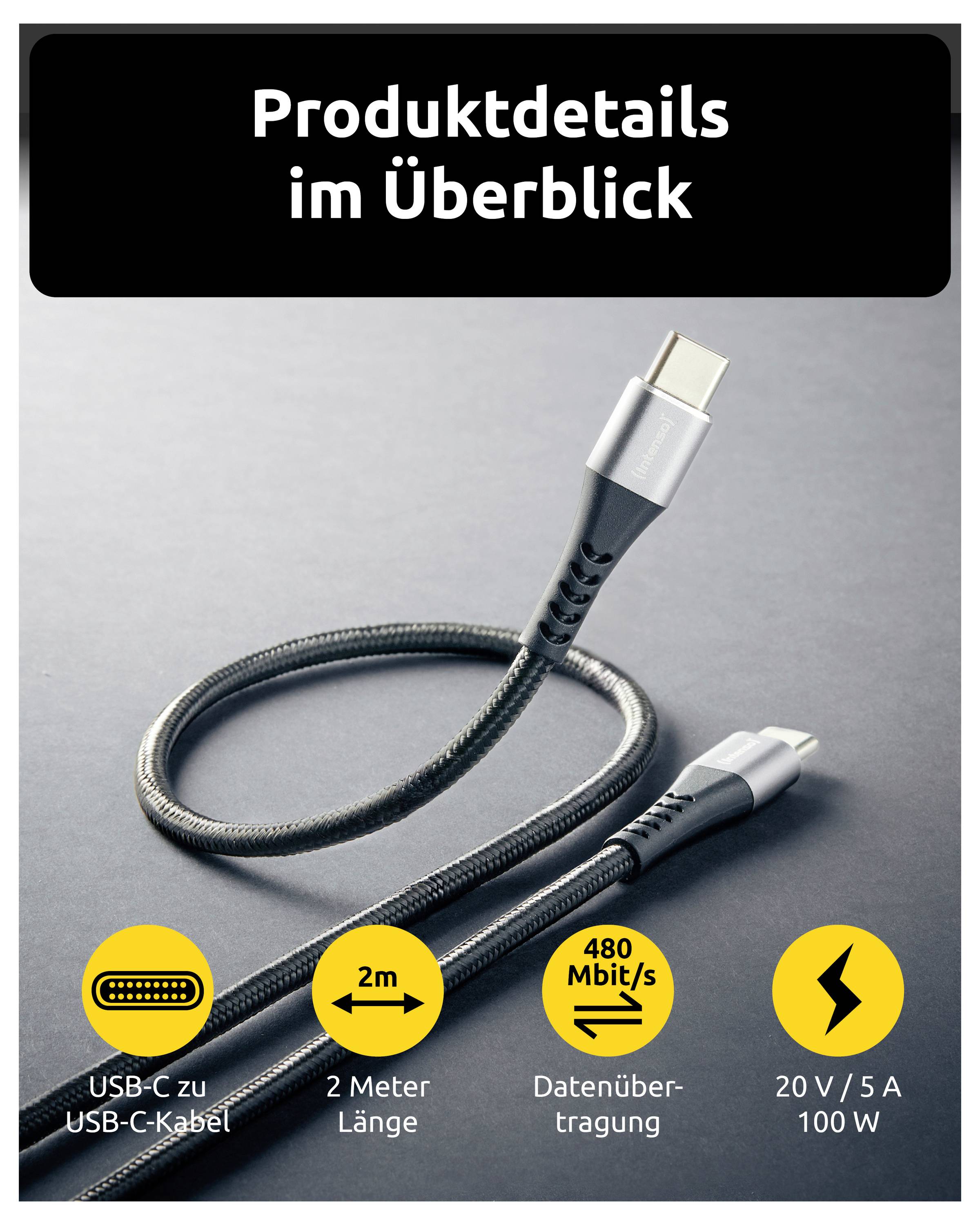 Infografica di un cavo USB-C verso USB-C, che mostra lunghezza di 2 m, trasferimento dati di 480 Mbit/s e supporto di ricarica 20 V/5 A, 100 W.