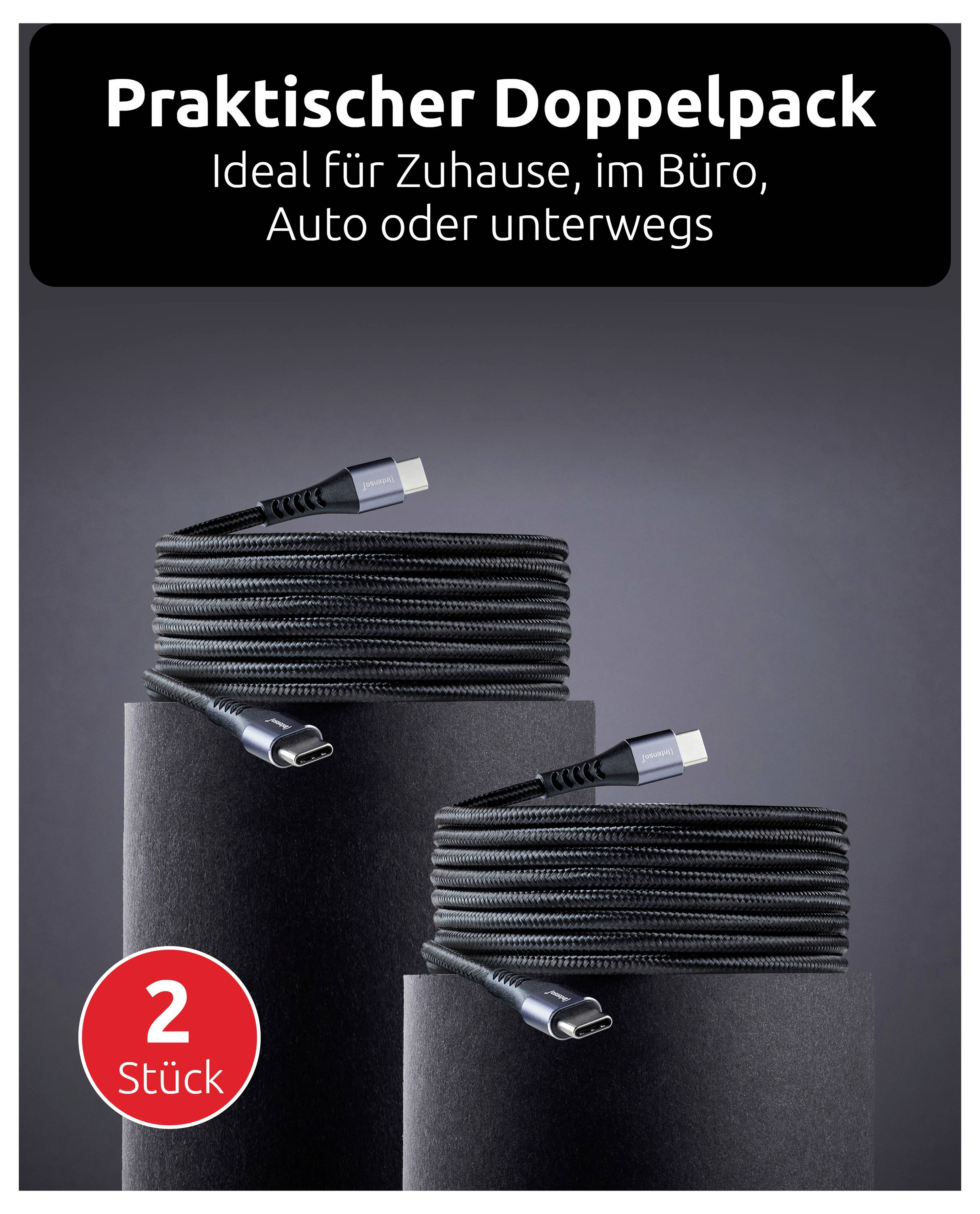 Pratico doppio pacco di due cavi USB-C neri, etichettati "2 Stück", ideale per casa, ufficio, auto o viaggi.