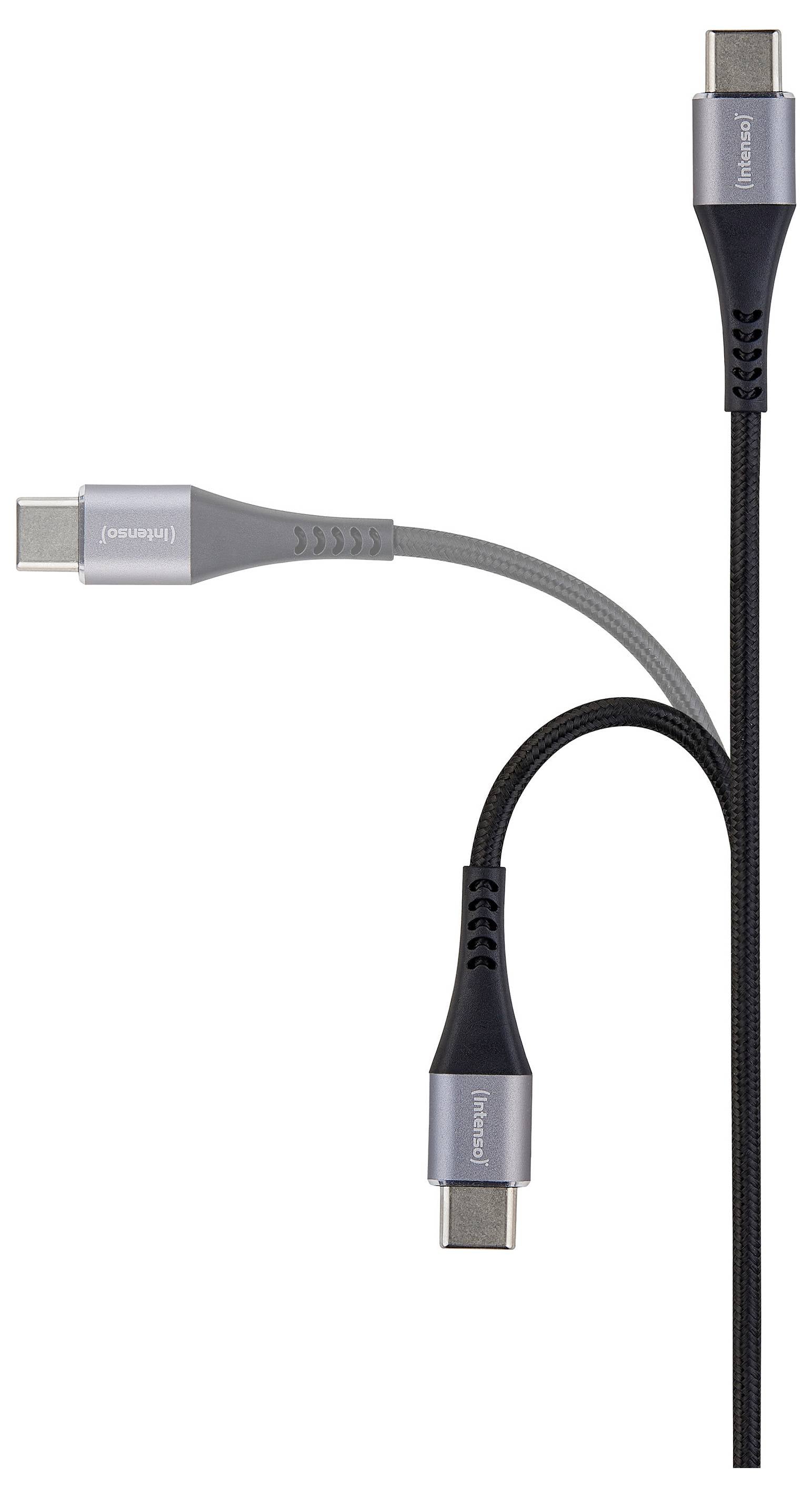 Tre cavi di ricarica USB-C in grigio e nero, mostrati con connettori a diversi angoli su uno sfondo bianco.
