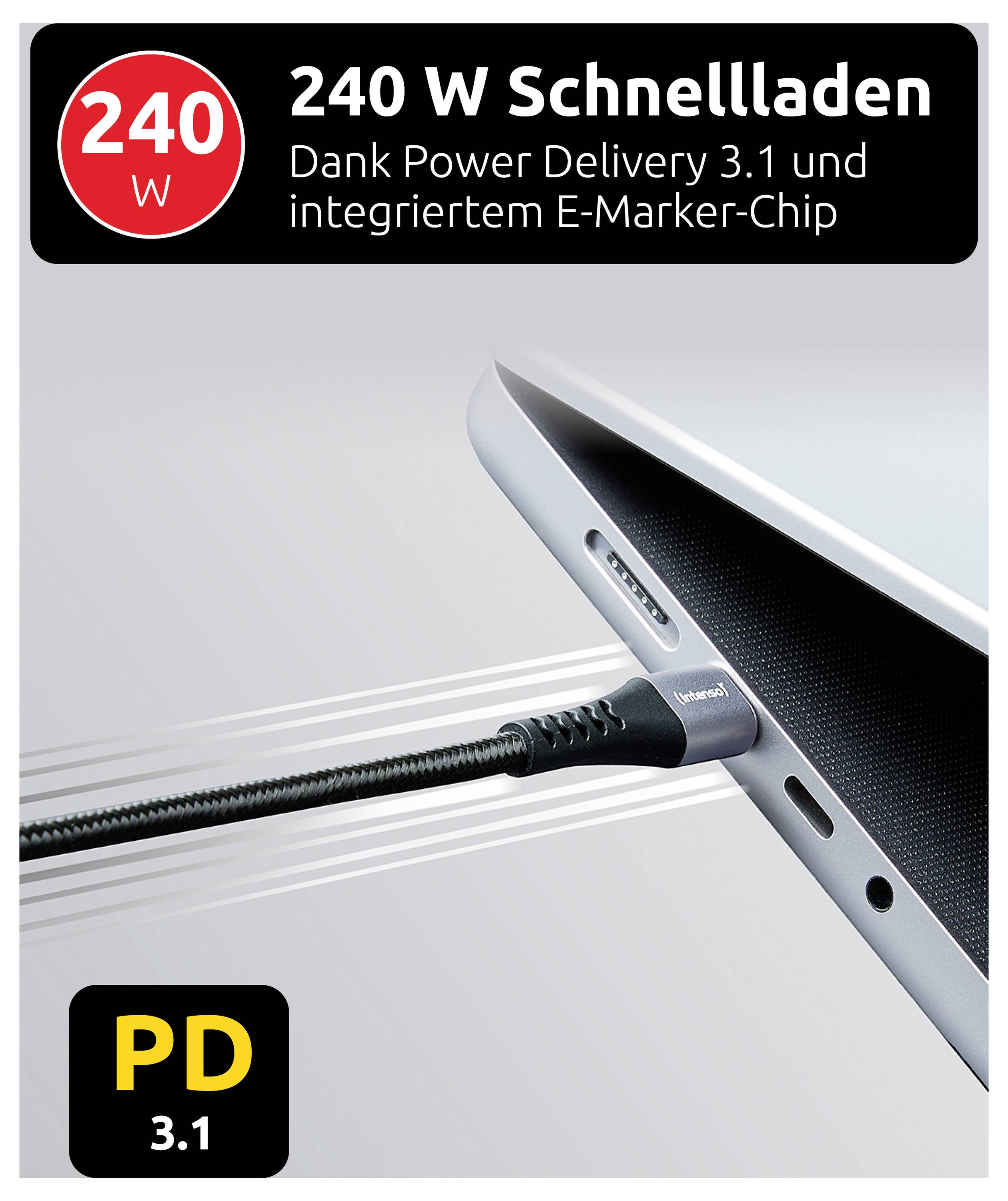 Grafica promozionale di un laptop in carica con un cavo USB-C, che evidenzia "240 W Ricarica Rapida" e "PD 3.1" con testo tedesco su Power Delivery 3.1 e chip E-Marker integrato.