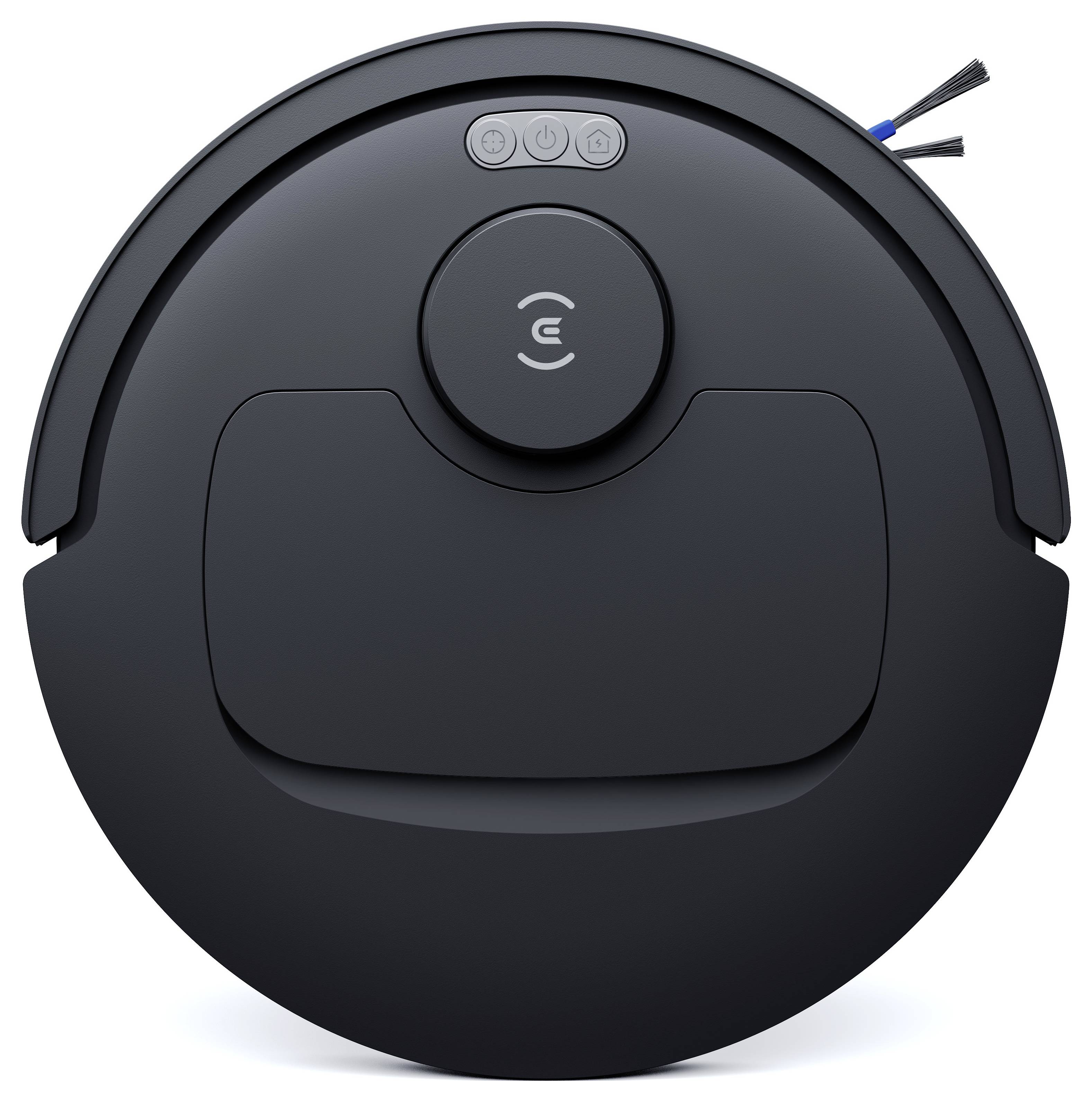 Vista dall'alto di un aspirapolvere robot rotondo nero con pulsante di controllo centrale e fili laterali visibili su sfondo bianco.