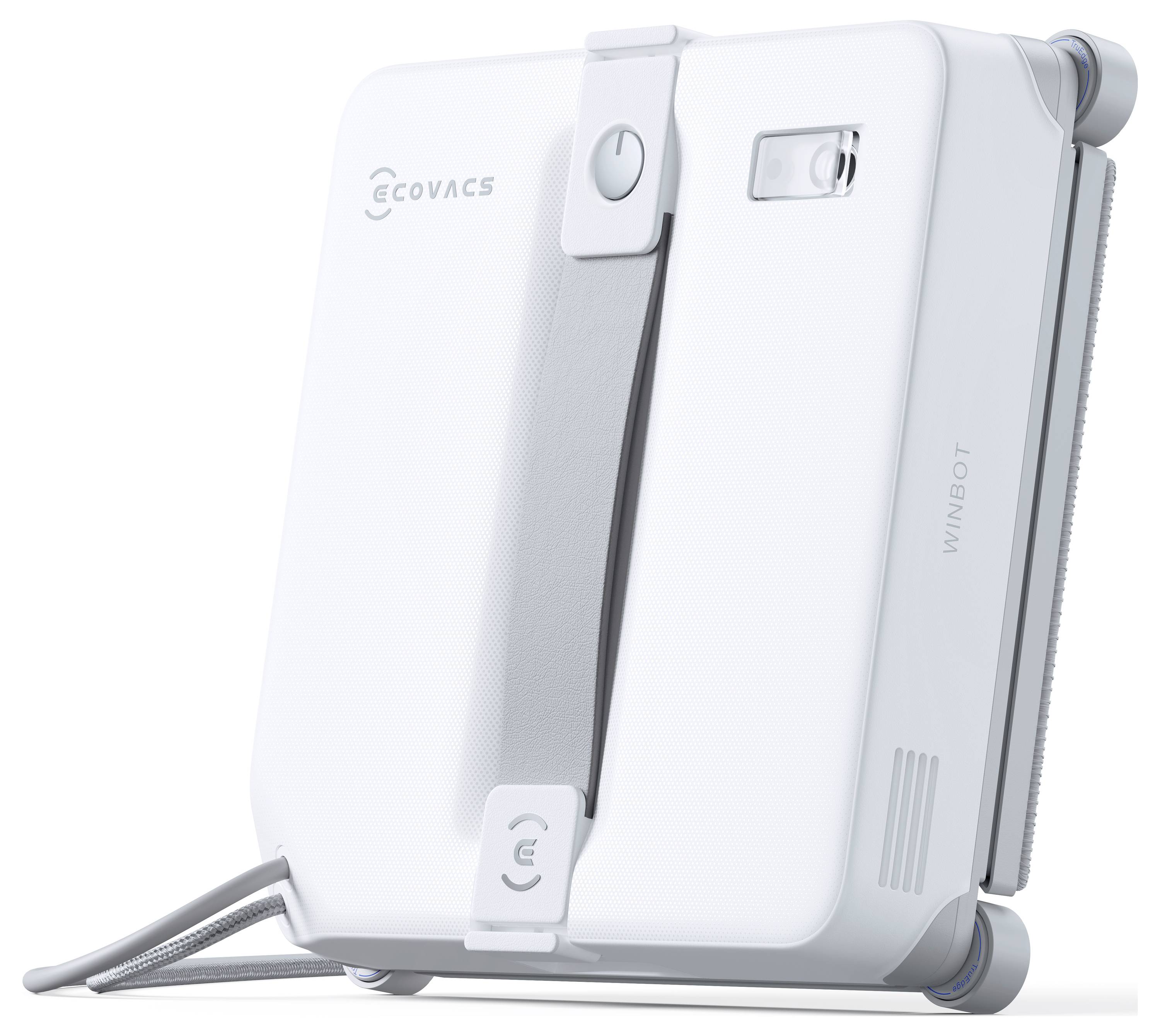 Robot pulisci-finestre ECOVACS WINBOT bianco mostrato in posizione verticale con cavo collegato su sfondo bianco.