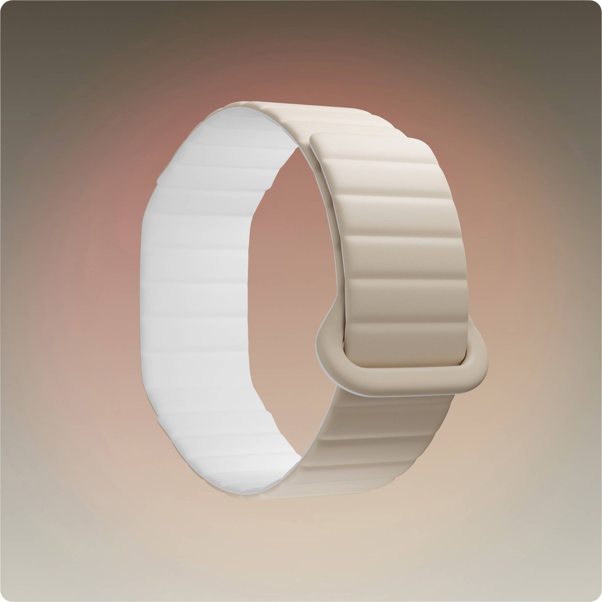 Un braccialetto regolabile beige e bianco o cinturino per orologio mostrato in un rendering 3D in stile prodotto su uno sfondo sfumato morbido.