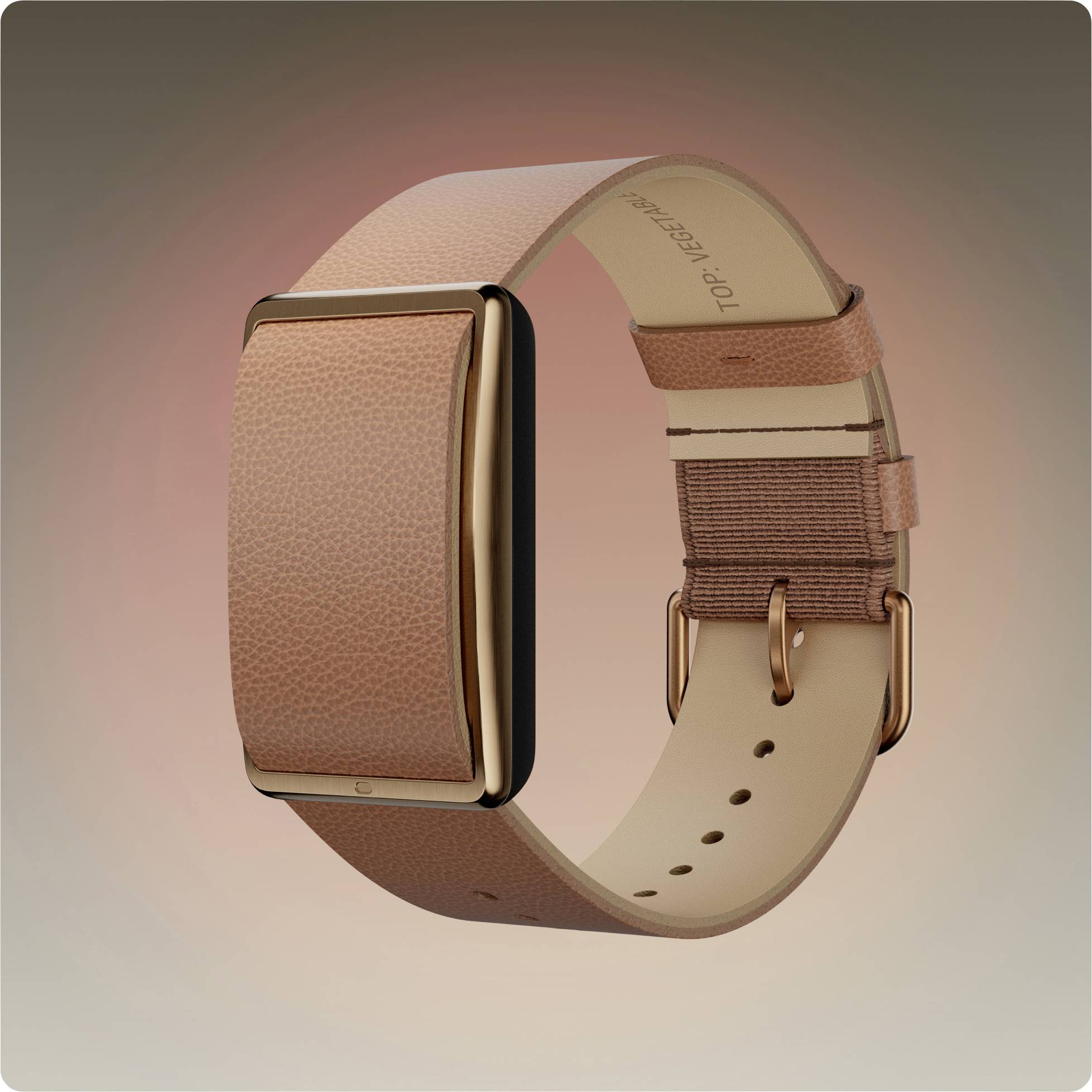 Un smartwatch in pelle marrone chiaro con quadrante rettangolare e cinturino abbinato, mostrato in un render di prodotto in stile studio su uno sfondo con gradiente rosa tenue.