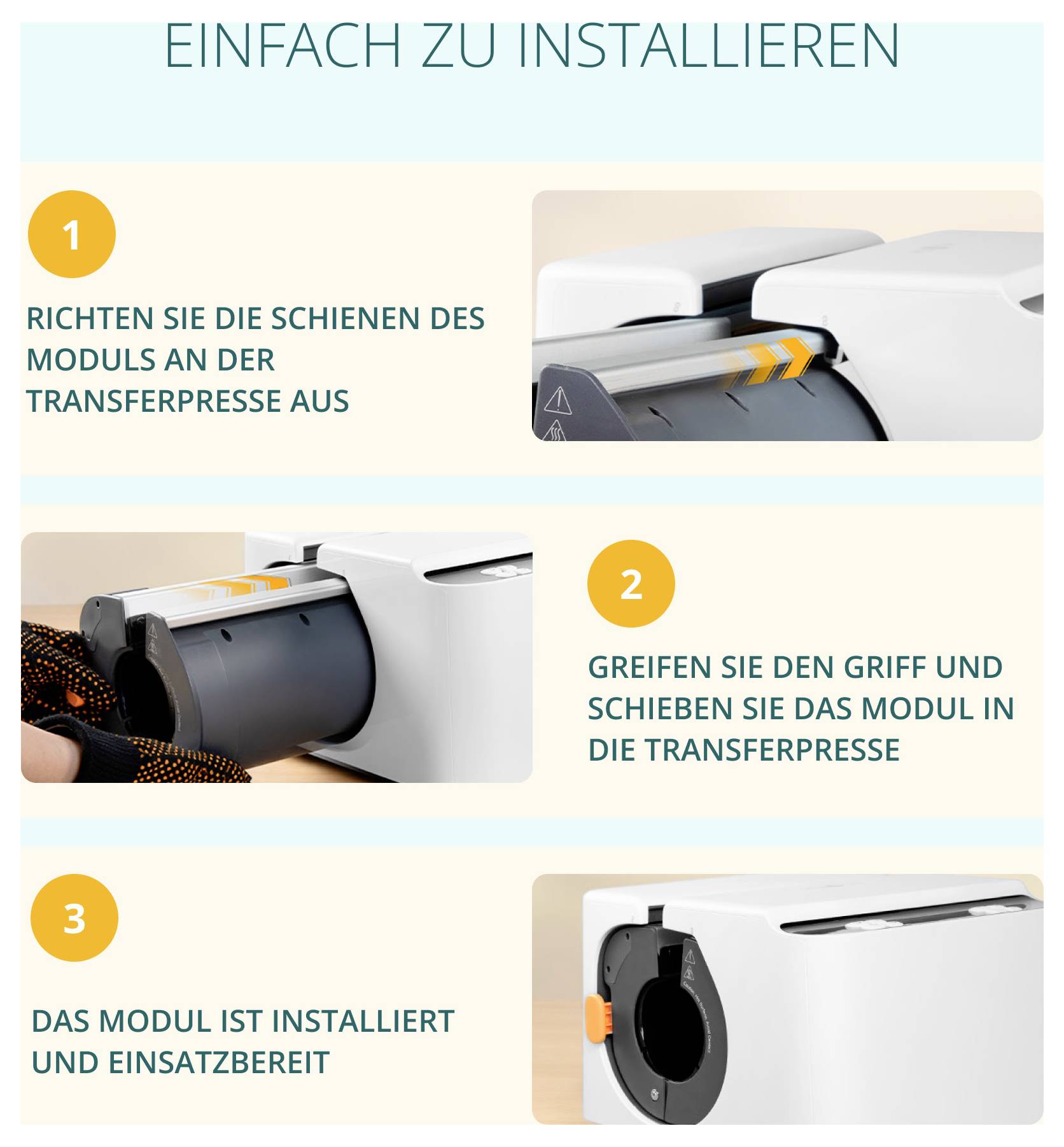 Illustrazione con 3 passaggi per l'installazione di un modulo su una pressa di trasferimento: allineare le guide, afferrare la maniglia e inserire il modulo, modulo correttamente installato.