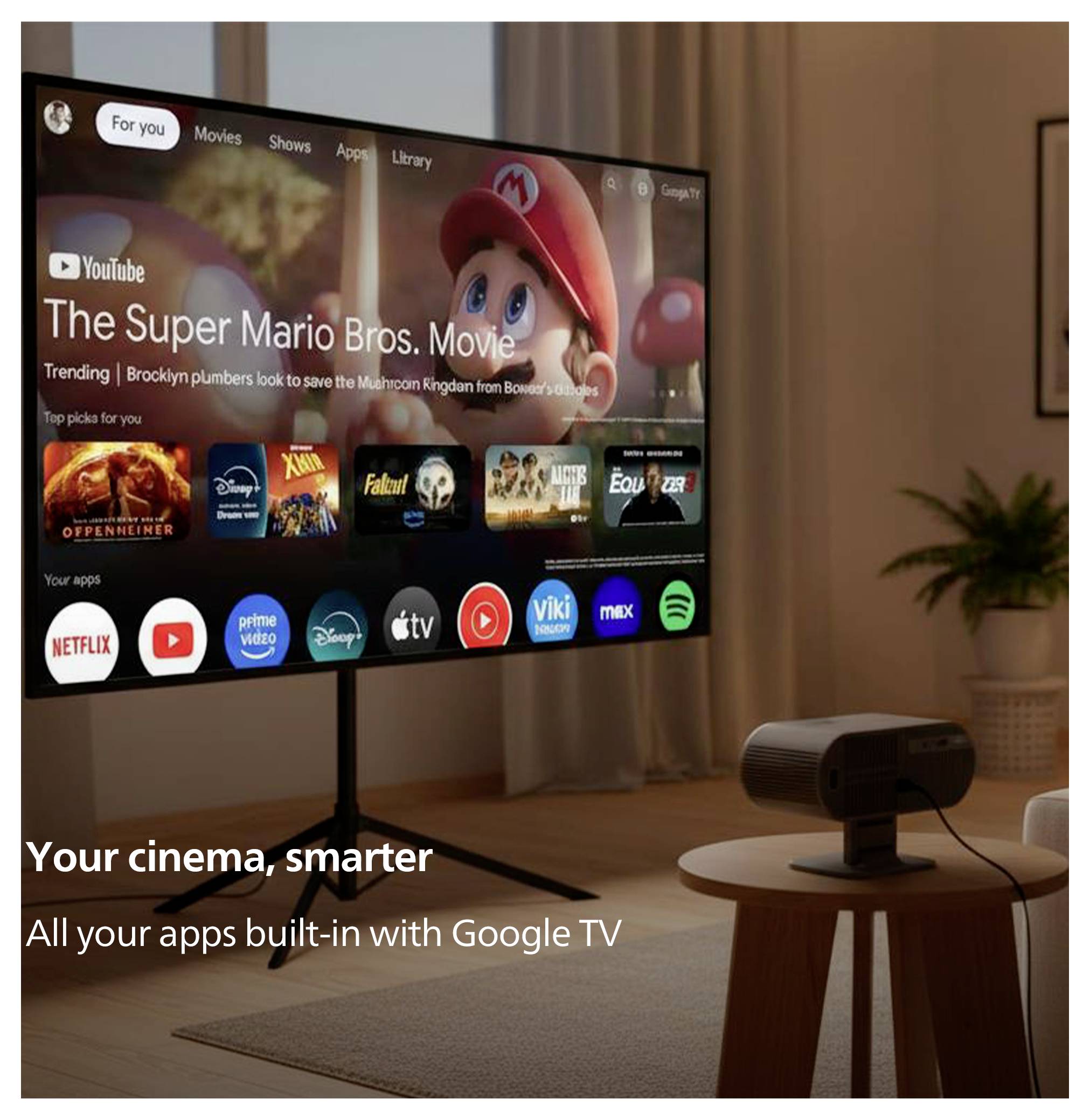 Un televisore visualizza Google TV con "The Super Mario Bros. Movie" in evidenza, mentre il testo sullo schermo dice "Il tuo cinema, più intelligente" e "Tutte le tue app integrate con Google TV".