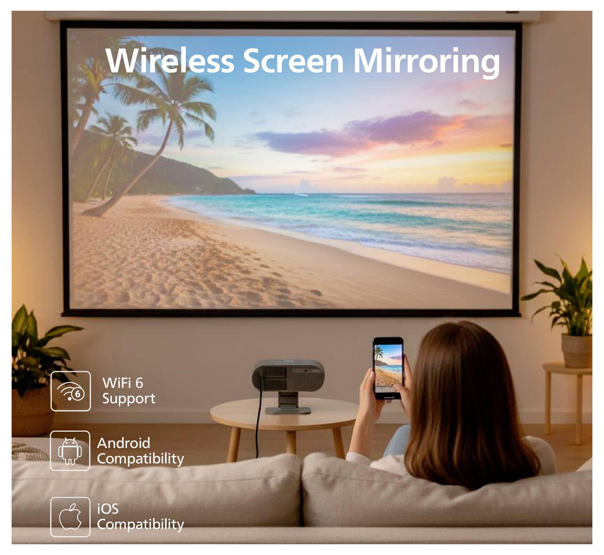 Scena del soggiorno che mostra il mirroring wireless dello schermo su una TV con un'immagine di spiaggia; una persona sul divano tiene un telefono. Il testo riporta la compatibilità con WiFi 6, Android e iOS.