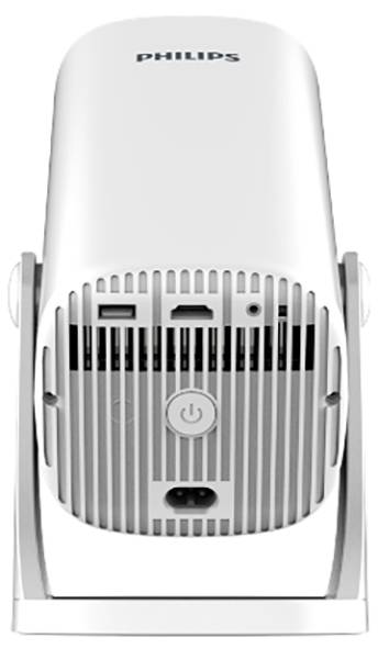 Vista frontale di un proiettore Philips o dispositivo smart con griglia di ventilazione, porte HDMI e USB, e un pulsante di accensione su un supporto bianco.