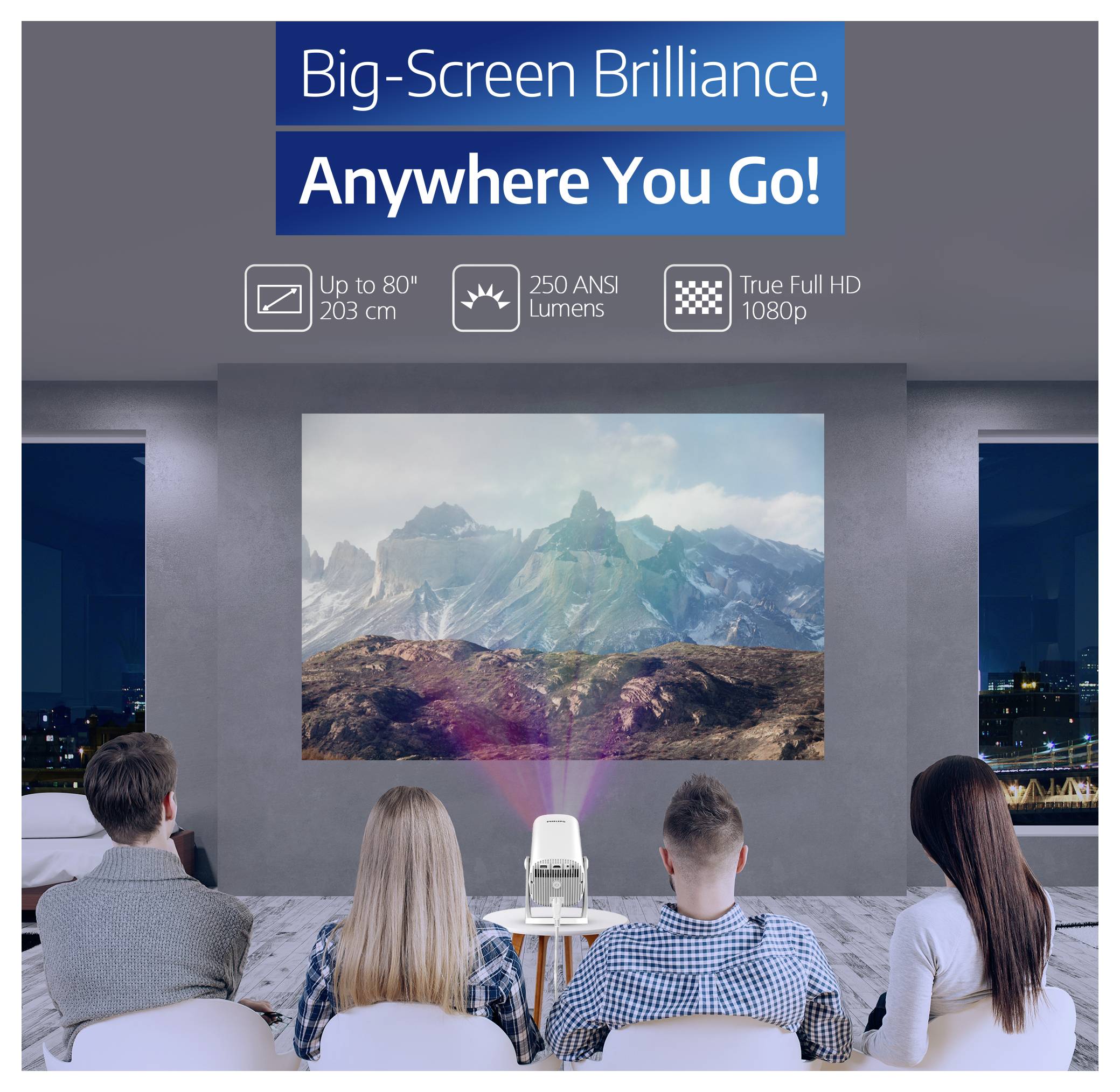 Persone che guardano un display proiettore in una stanza; il testo pubblicitario recita "Brillantezza su Grande Schermo, Ovunque Tu Vada!" con icone per fino a 80", 250 lumen ANSI e True Full HD 1080p.