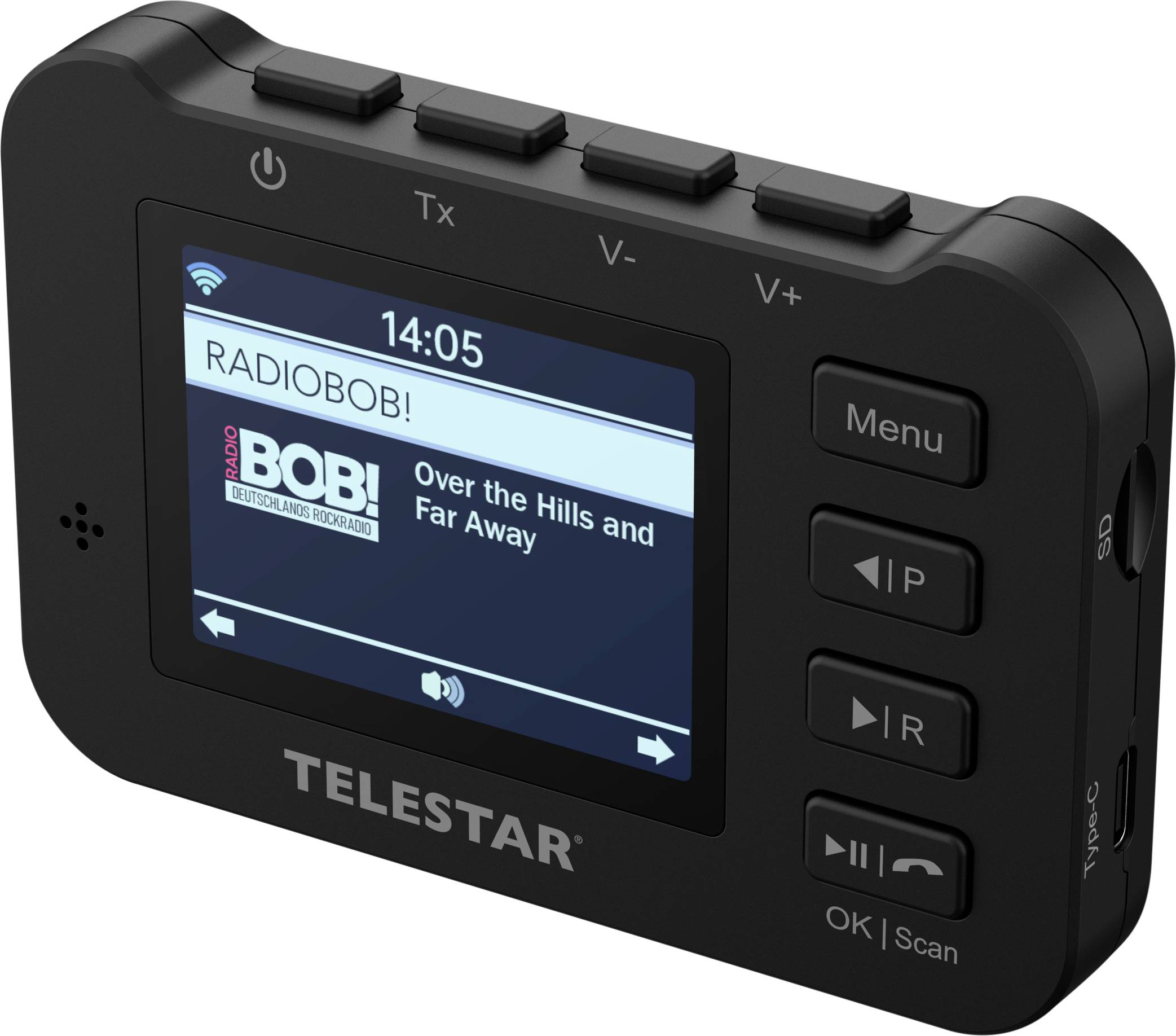 Radio portatile Black Telstar con schermo a colori che mostra la stazione 'RADIOBOB!' e il brano 'Over the Hills and Far Away'; pulsanti fisici e controlli del volume.