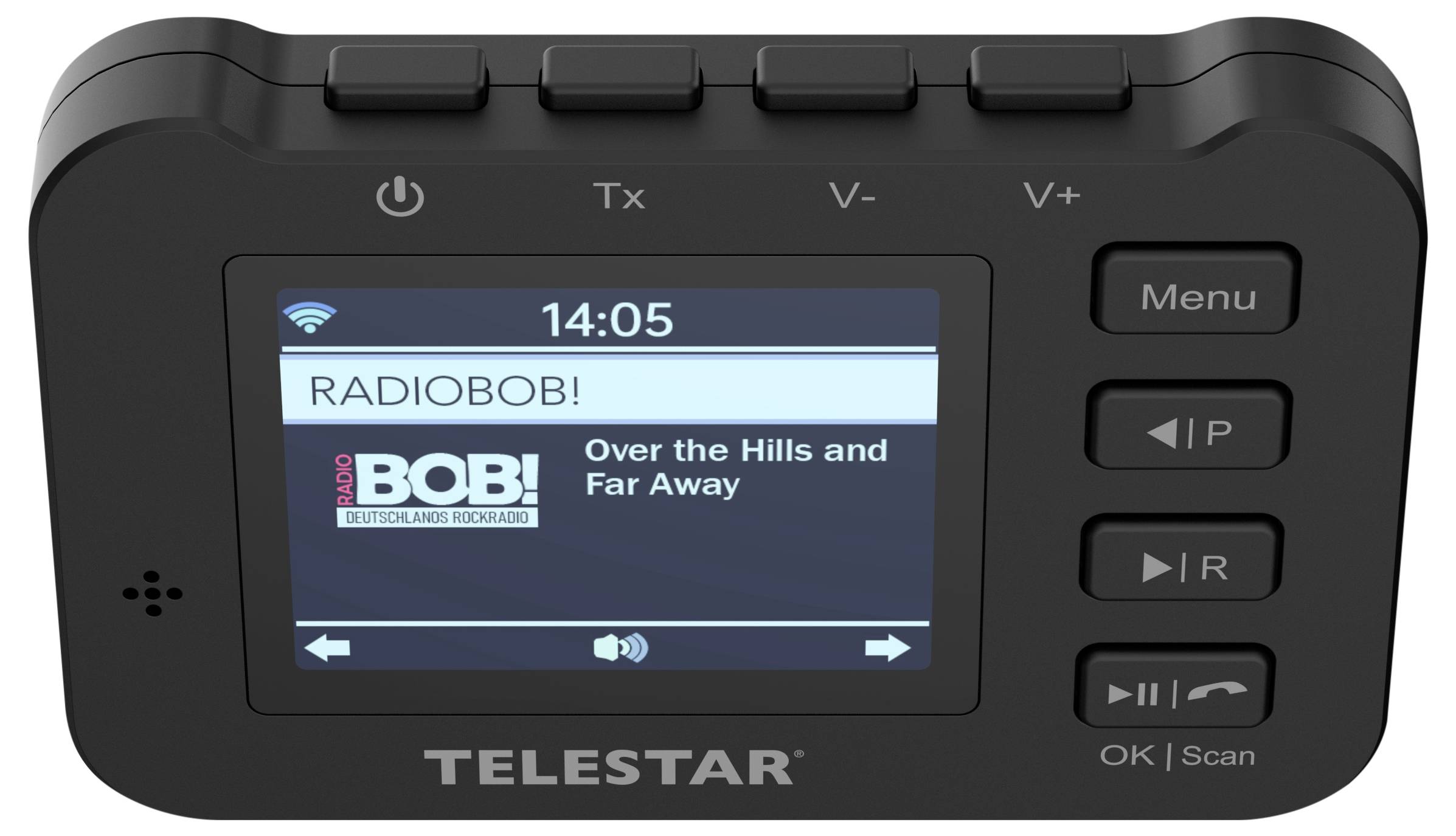 Radio digitale portatile Telestar nera che mostra una schermata di stazione con 'RADIOBOB!' e il programma 'Over the Hills and Far Away'.