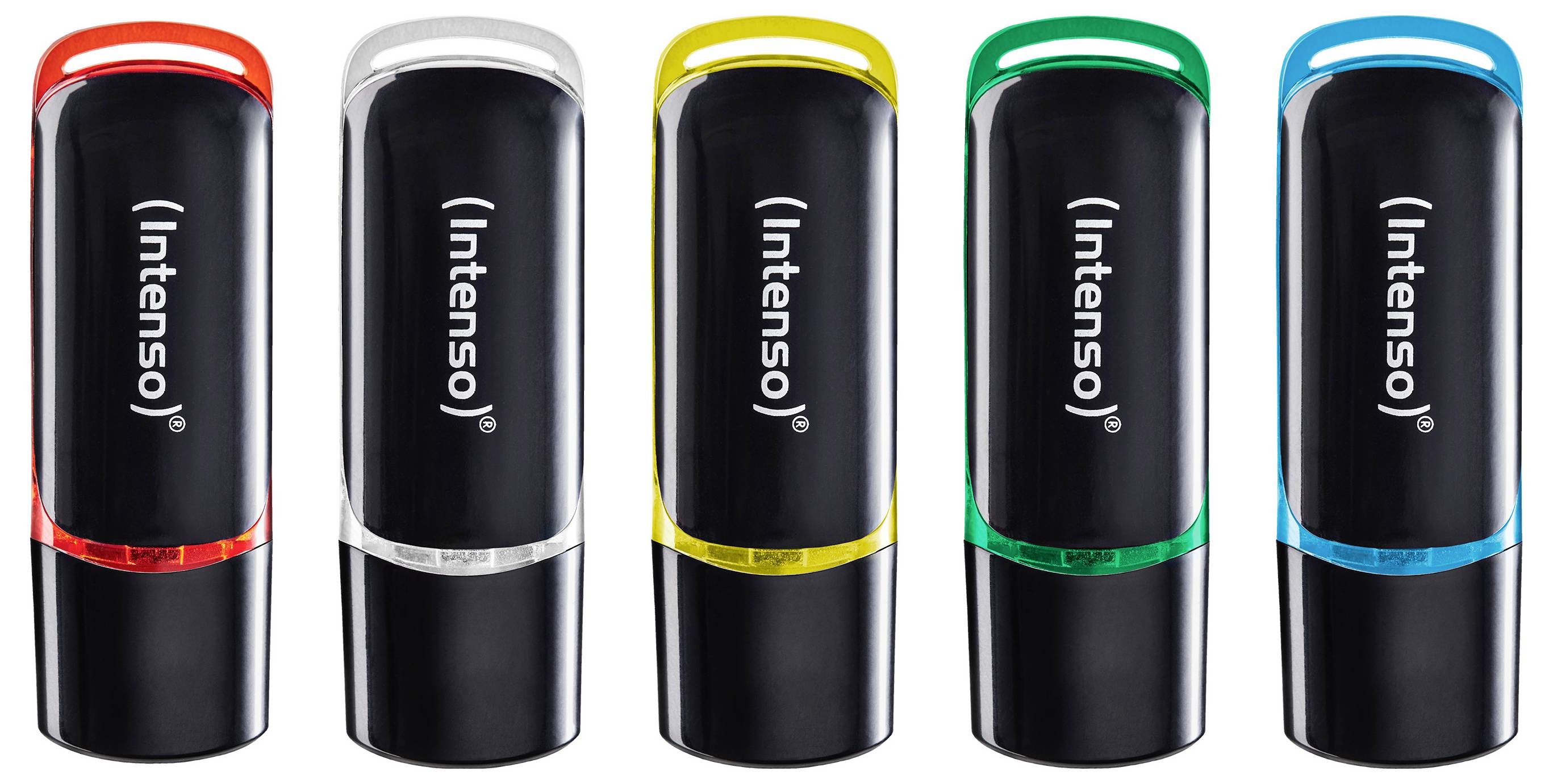 Cinque chiavette USB Intenso in rosso, argento, giallo, verde e blu, disposte una accanto all'altra su uno sfondo bianco.