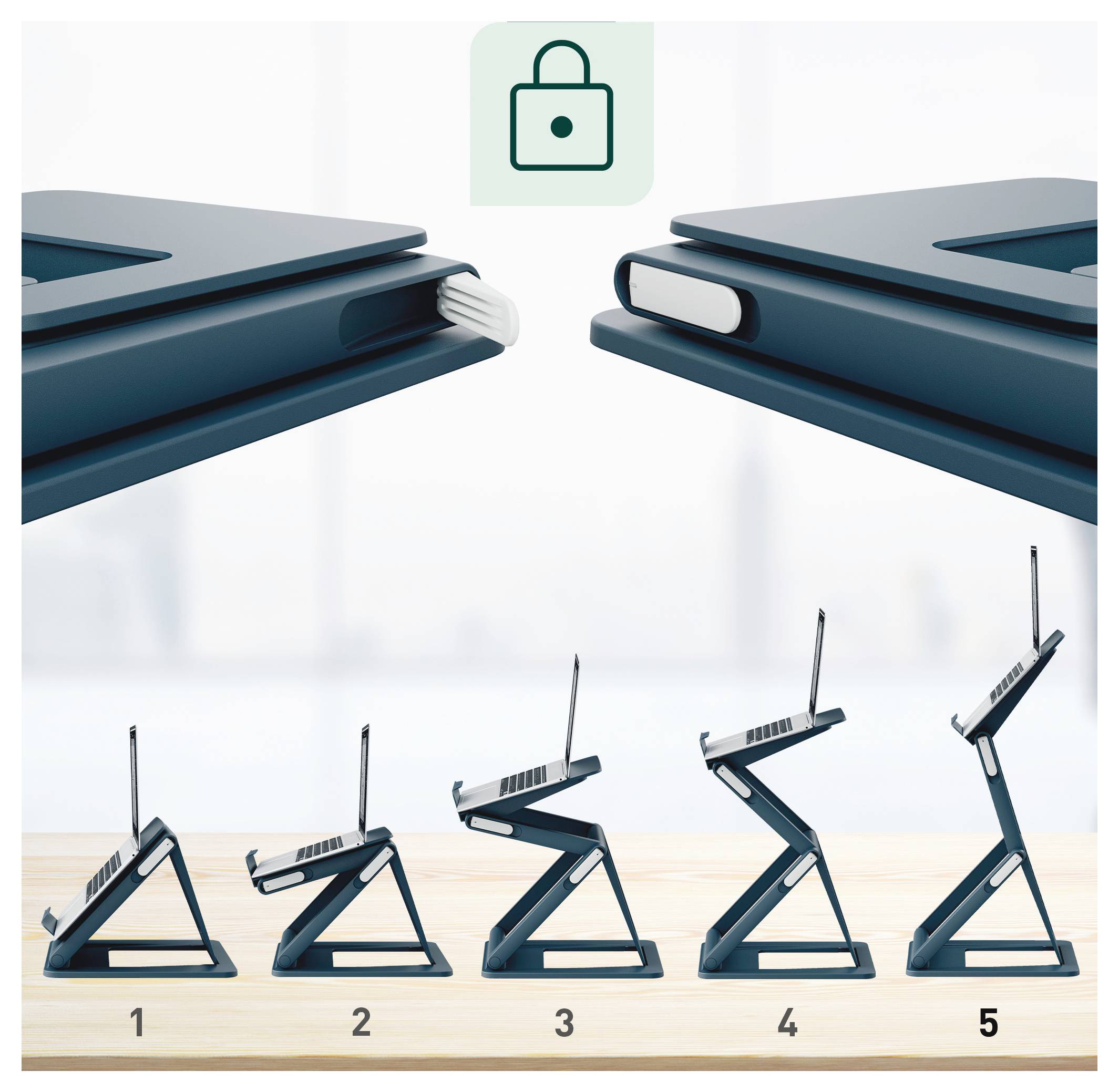 Illustrazione di un'apertura del gancio di un laptop attraverso cinque stadi, che mostra un'icona di lucchetto sopra e una sequenza numerata da 1 a 5 su una superficie di legno.