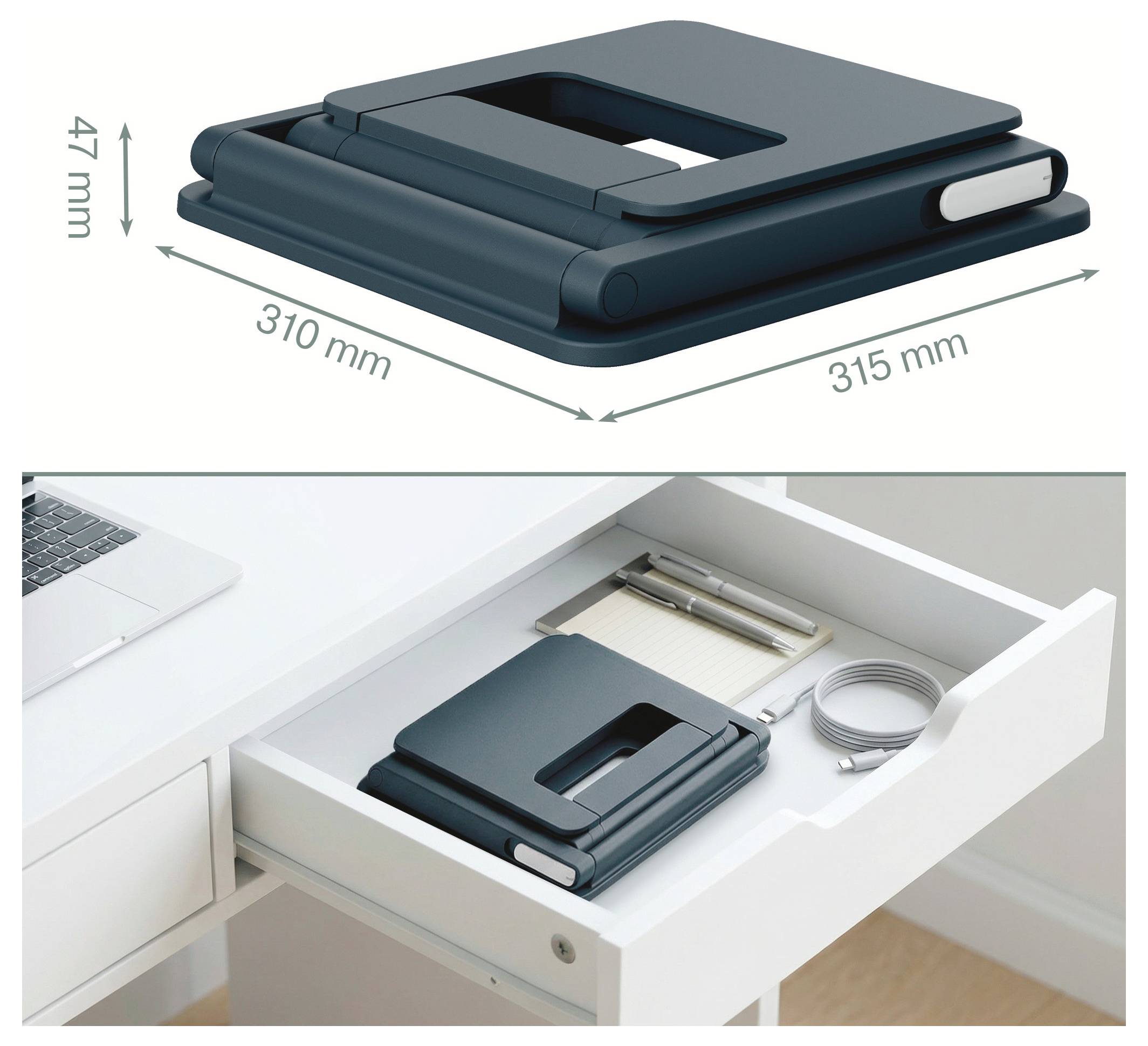 Dispositivo desktop pieghevole blu-verde scuro mostrato chiuso, che misura 315 mm per 310 mm e 47 mm di altezza, riposto ordinatamente in un cassetto della scrivania aperto con cavi e una penna.