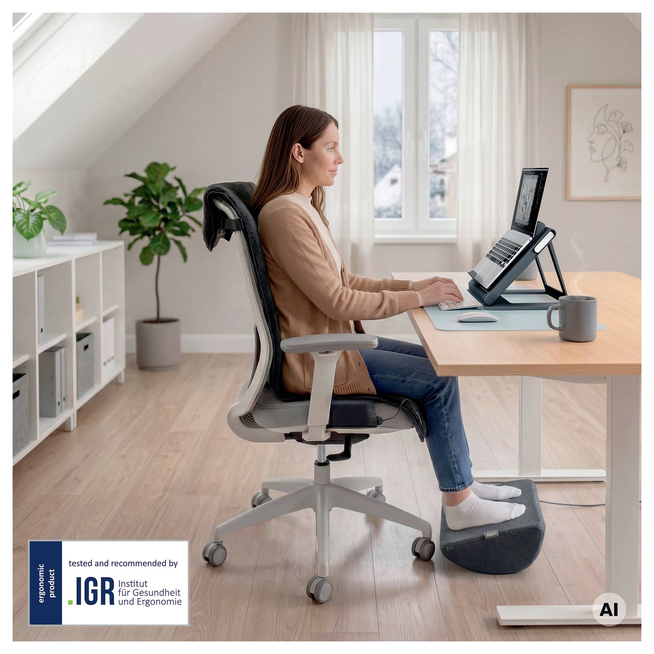 Donna che lavora a una scrivania con un laptop, seduta su una sedia da ufficio ergonomica con poggiapiedi in un luminoso ufficio domiciliare.