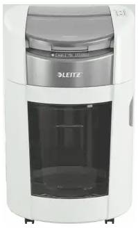 Trituratore di carta Leitz bianco e grigio con contenitore frontale trasparente e slot di alimentazione superiore, mostrato su uno sfondo neutro.