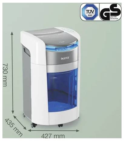 Tritatrice di carta Leitz con contenitore blu, mostrata con dimensioni di 730 mm di altezza, 435 mm di profondità e 427 mm di larghezza, più i marchi di sicurezza TÜV e GS.
