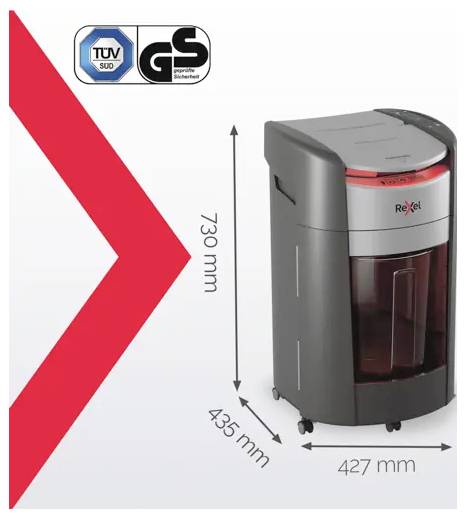 Immagine di un distruggi documenti Rexel con dimensioni indicate: 730 mm di altezza, 427 mm di larghezza e 435 mm di profondità, oltre ai loghi di sicurezza TÜV/GS.