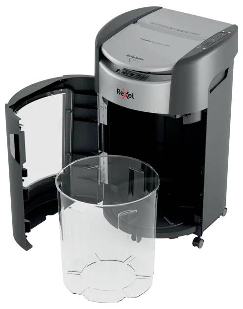Centrifuga di laboratorio aperta con la porta socchiusa e un vuoto secchio trasparente per i campioni davanti.