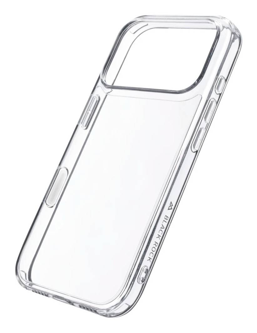 Custodia protettiva trasparente per smartphone mostrata in angolazione su sfondo bianco.