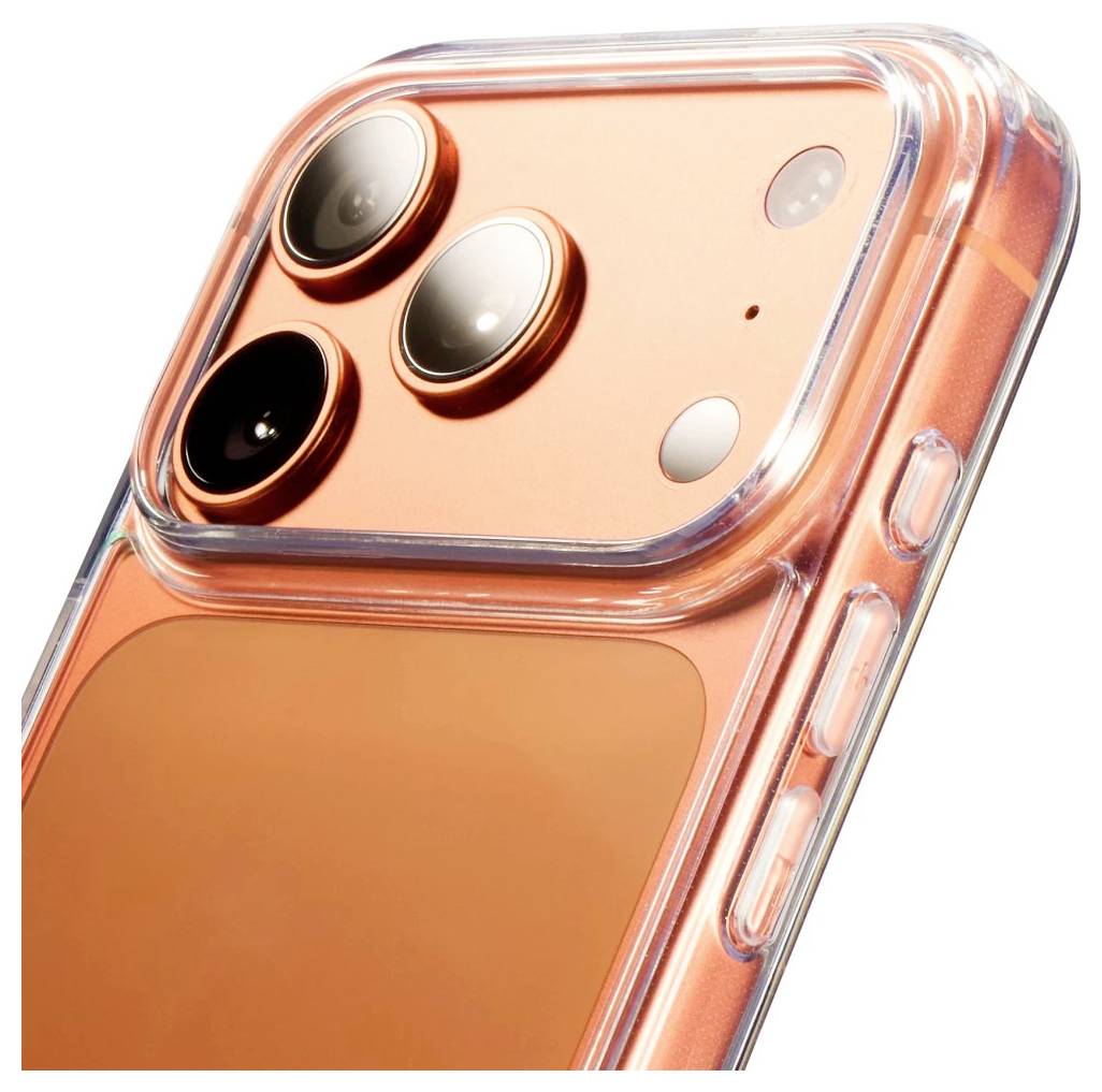 Primo piano della parte posteriore di uno smartphone arancione con custodia protettiva trasparente, che mostra tre obiettivi della fotocamera posteriore e pulsanti laterali.