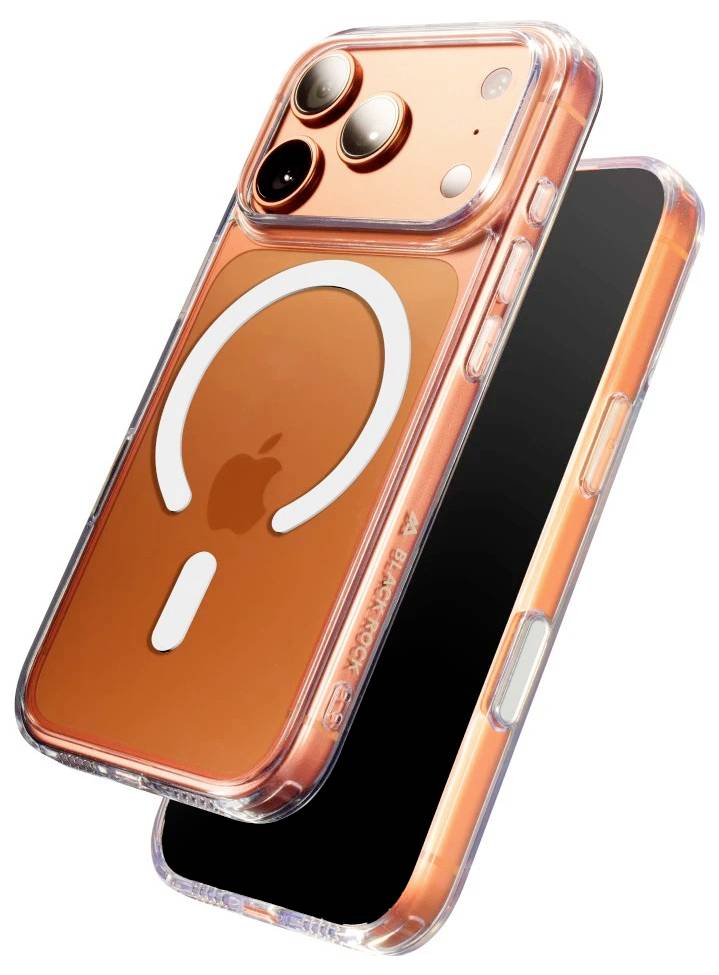 Due iPhone arancioni mostrati in custodie protettive trasparenti, uno anteriore e uno posteriore, con un anello MagSafe bianco visibile sulla custodia posteriore.